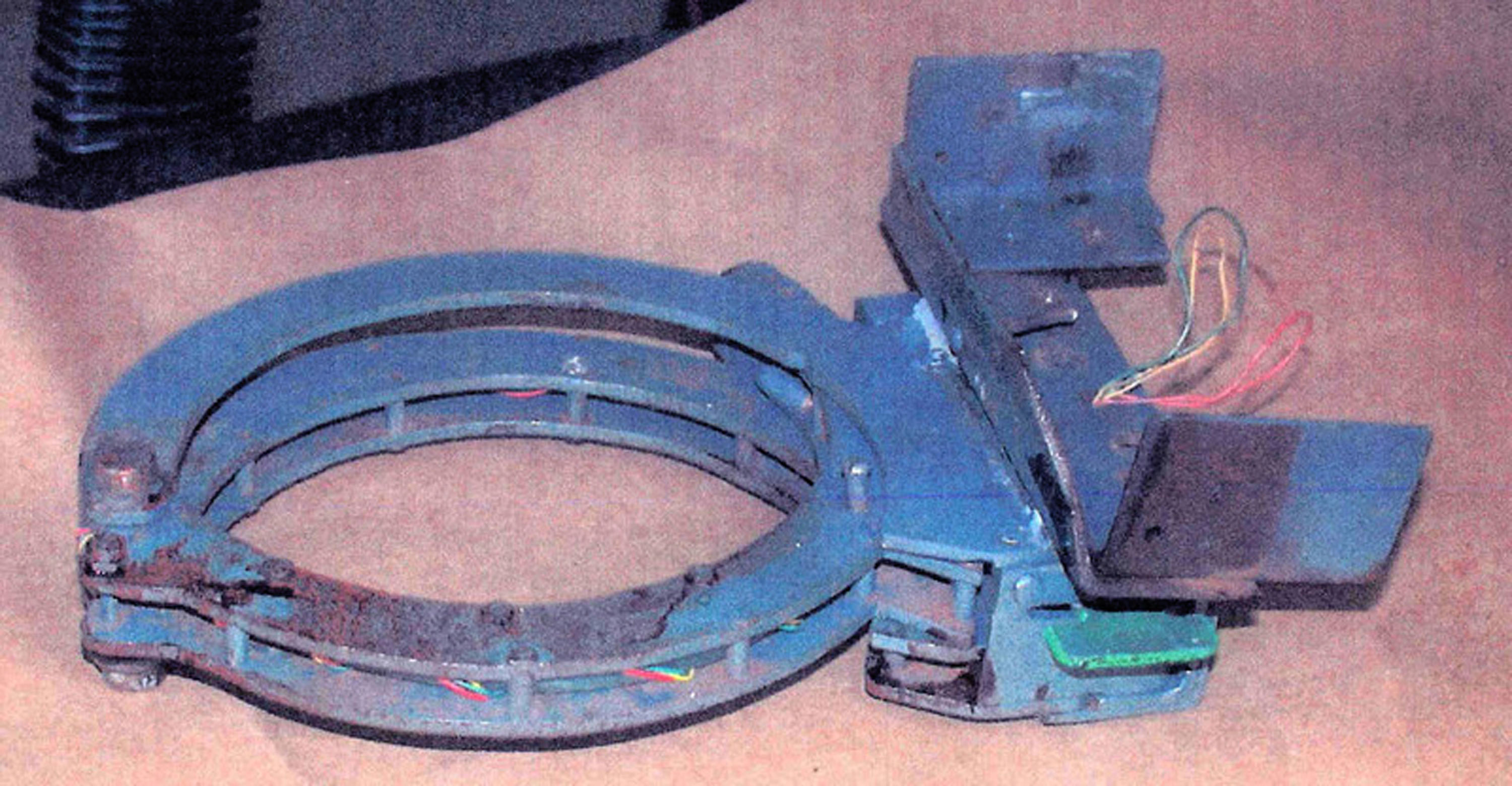 This is an FBI handout photo of the collar device used to secure a bomb to Brian Wells' neck. (Getty Images—Getty Images)