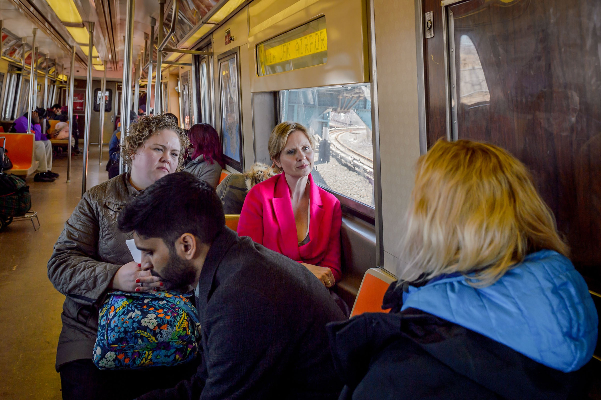 Cynthia Nixon, a lifelong New Yorker, actor, progressive advocate and candidate running for governor takes the subway to the Rockaways on April 20, 2018. (Erik McGregor—Sipa USA)
