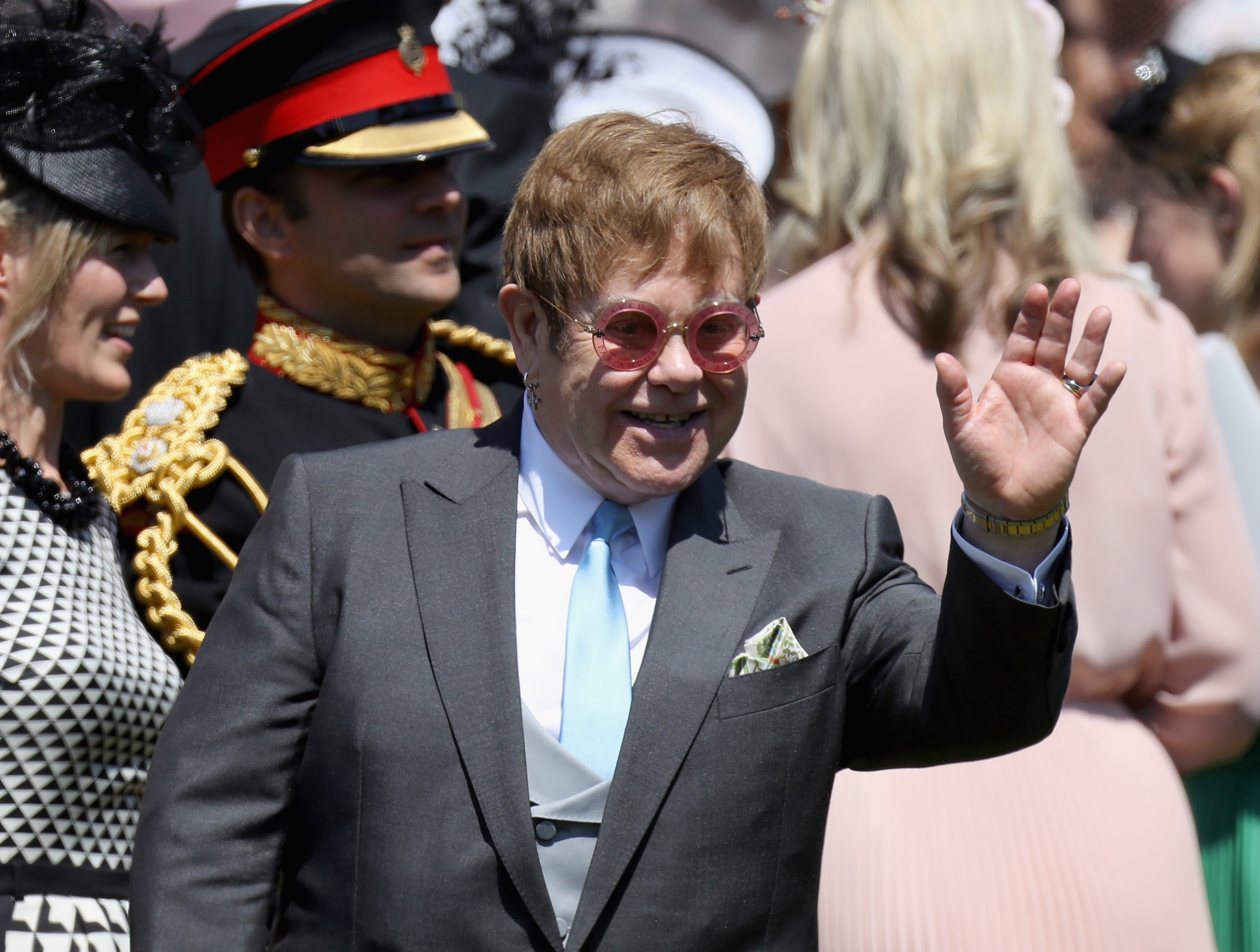 Sir Elton John arrives at the wedding of Prince Harry to Ms Meghan Markle at St George's Chapel, Windsor Castle on May 19, 2018 in Windsor, England. (Chris Jackson—Getty Images)