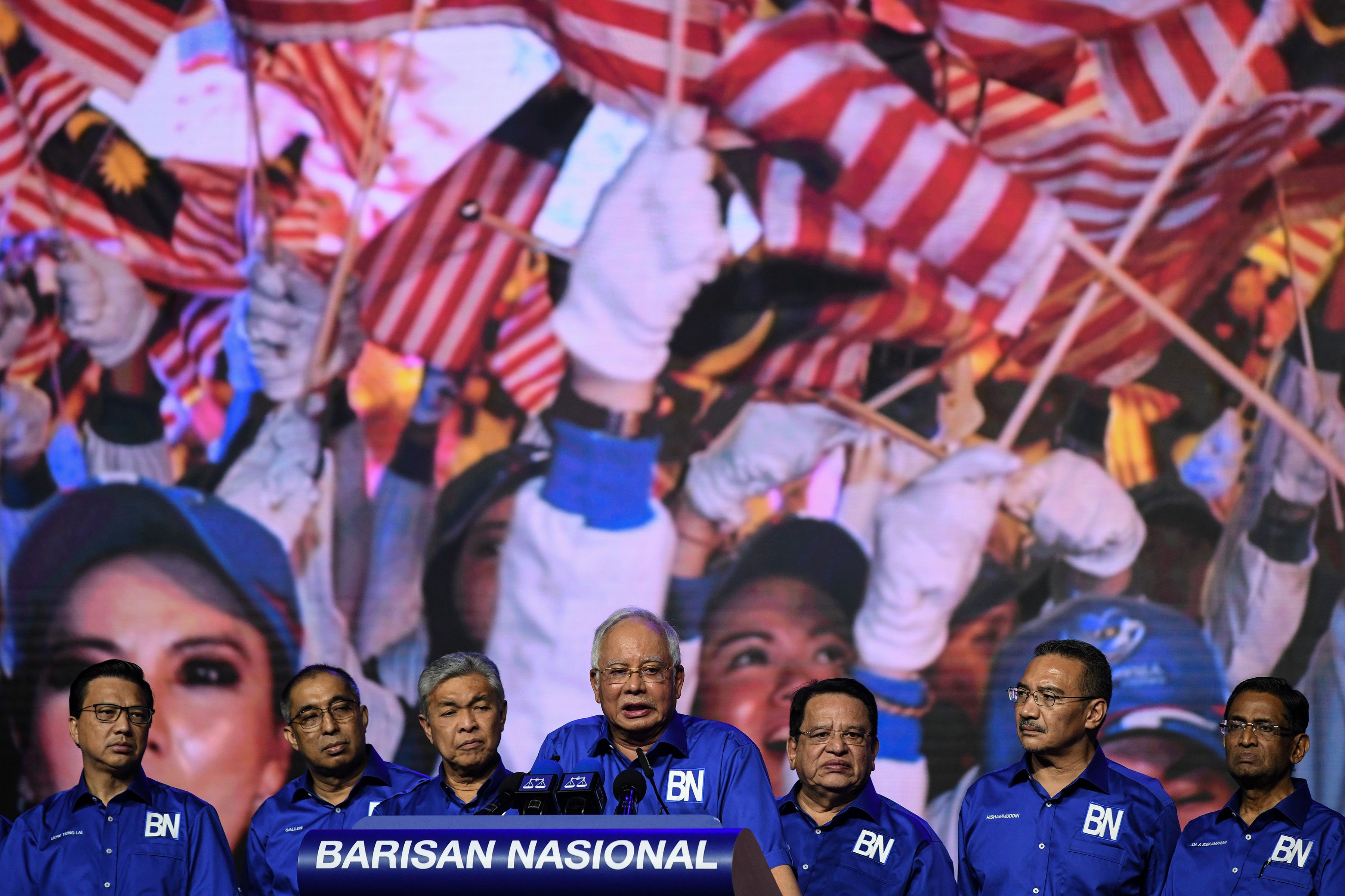 Malaysian Prime Minister Najib Razak before launching his coalition's election manifesto ahead of the upcoming polls during a National Front coalition or Barisan Nasional rally, in Kuala Lumpur on April 7, 2018. (Mohd Rasfan—AFP/Getty Images)