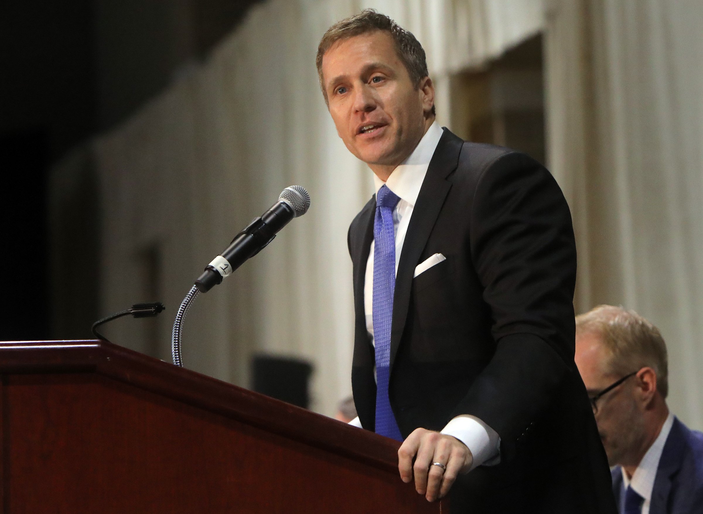 Gov. Eric Greitens delivers the keynote address at the 27th Annual Police Officer Memorial Prayer Breakfast in St. Louis, Missouri on on April 25, 2018. (Laurie Skrivan—St. Louis Post-Dispatch/Getty Images)