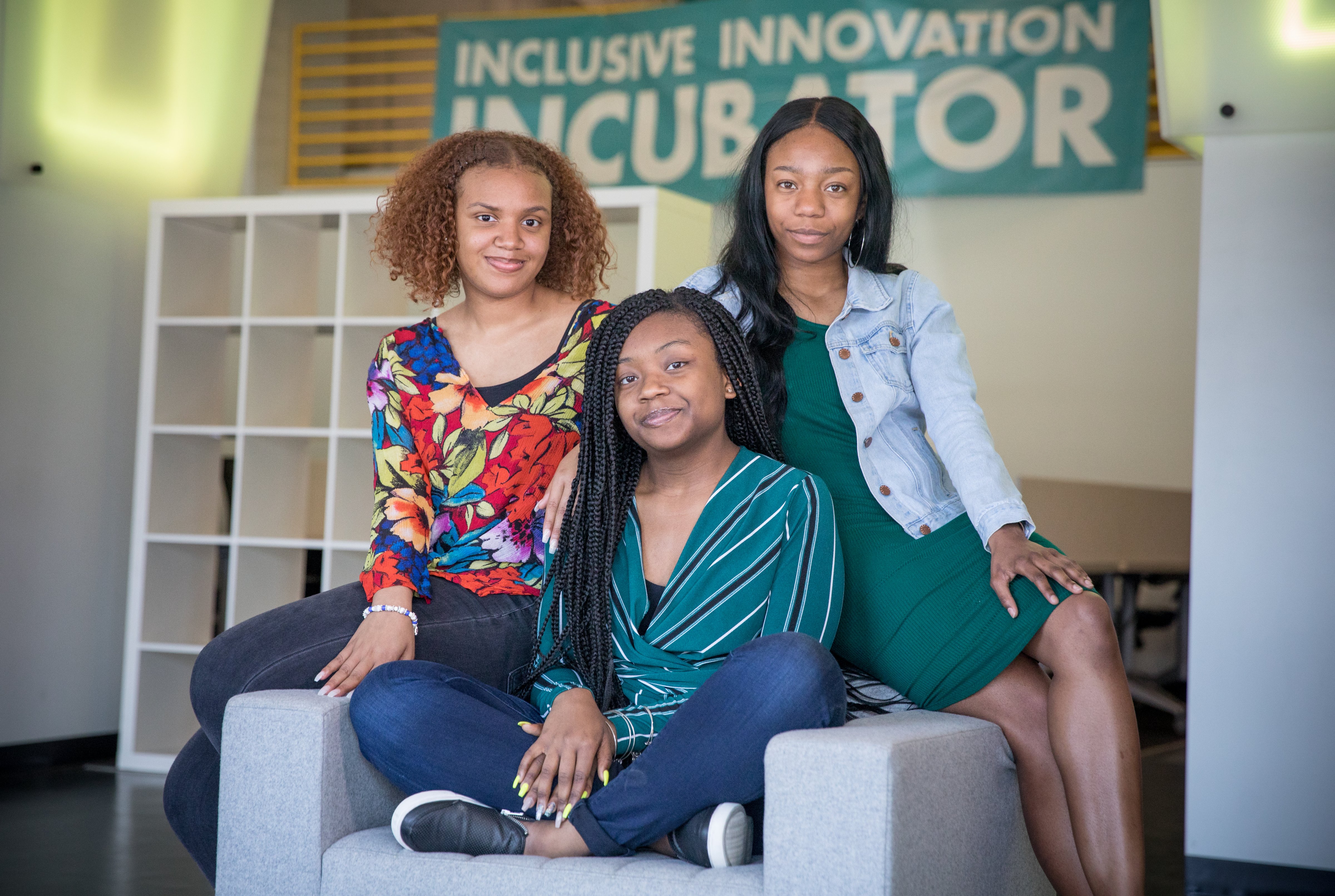 From left: India Skinner, Mikayla Sharrieff, and Bria Snell, 11th graders from Banneker High School in Washington, D.C., finalists in a NASA youth science competition, pictured on May 1, 2018. (Evelyn Hockstein—The Washington Post/Getty Images)
