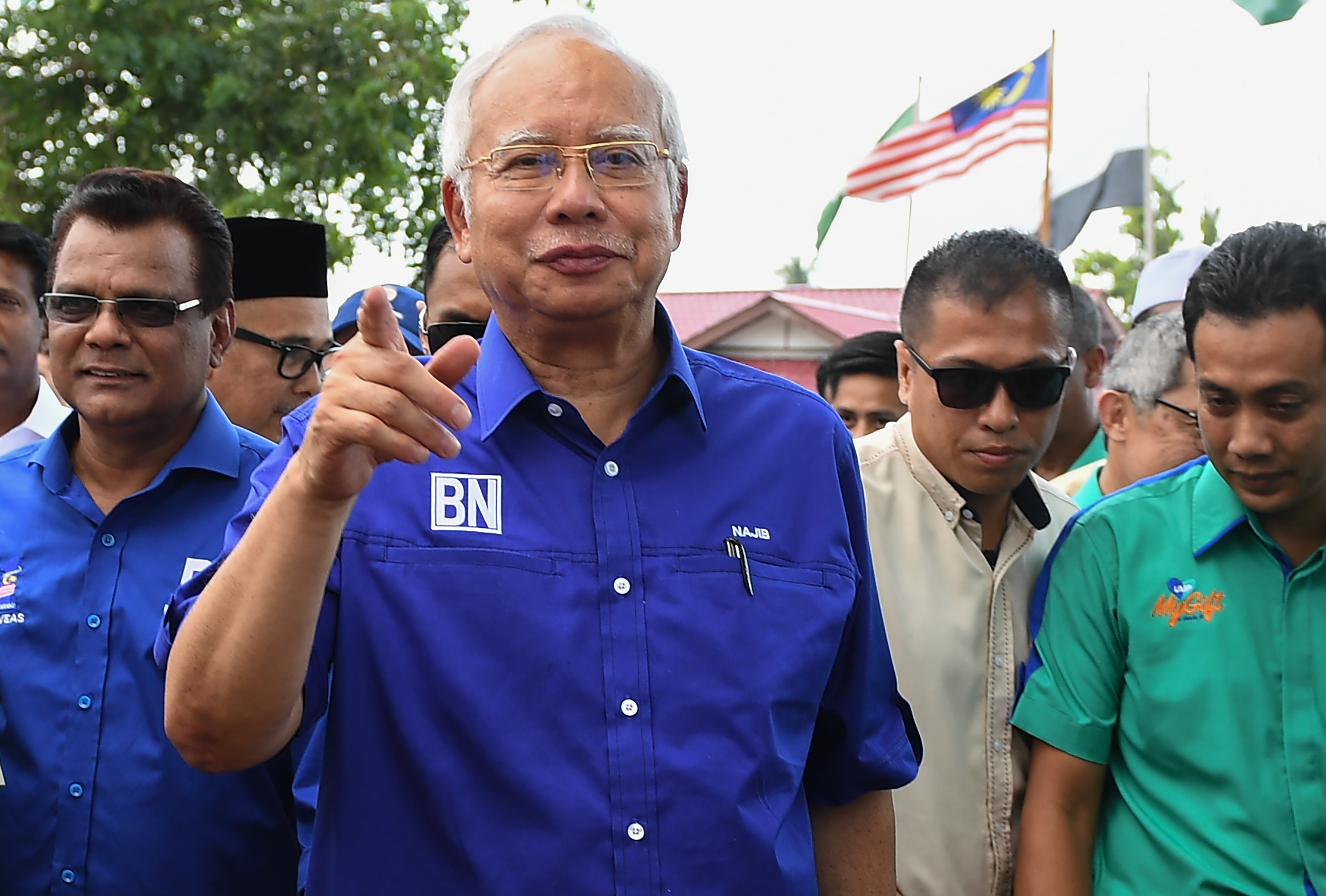 Malaysia's Prime Minister Najib Razak of the ruling coalition party Barisan Nasional arrives during a campaign event ahead of the upcoming 14th general election in Pekan, Pahang on May 8, 2018. (Mohd Rasfan—AFP/Getty Images)