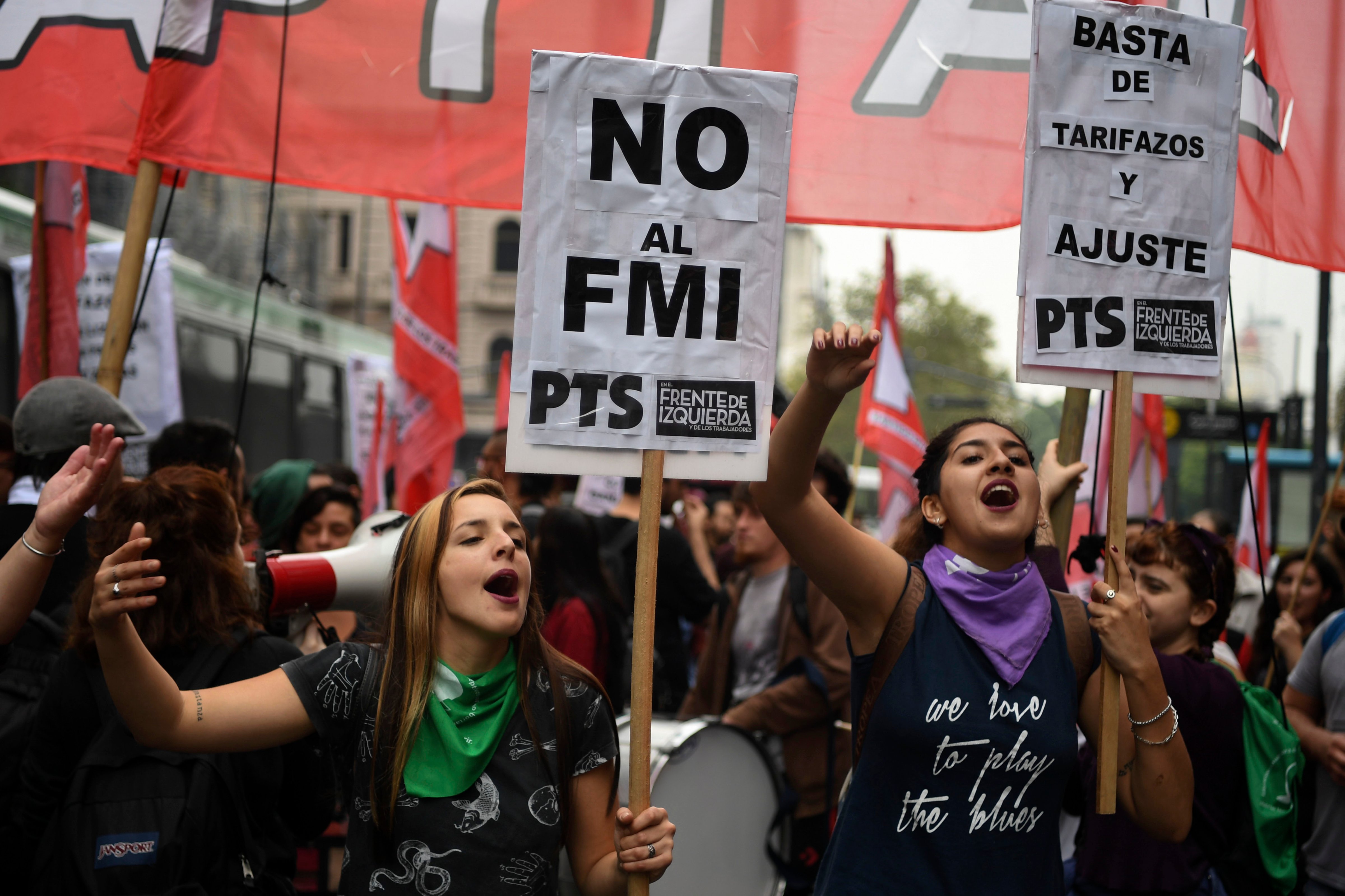 Members of leftist organizations demonstrate outside the National Congress against the government's negotiations with the IMF while legislators debate a bill to put a stop on public services taxes raising in Buenos Aires, on May 09, 2018. - Argentina opened talks with the International Monetary Fund on Tuesday to seek a financial aid package, 17 years after the country defaulted on its debt and 12 years after cutting ties with the fund. (Photo by EITAN ABRAMOVICH / AFP)        (Photo credit should read EITAN ABRAMOVICH/AFP/Getty Images) (EITAN ABRAMOVICH&mdash;AFP/Getty Images)