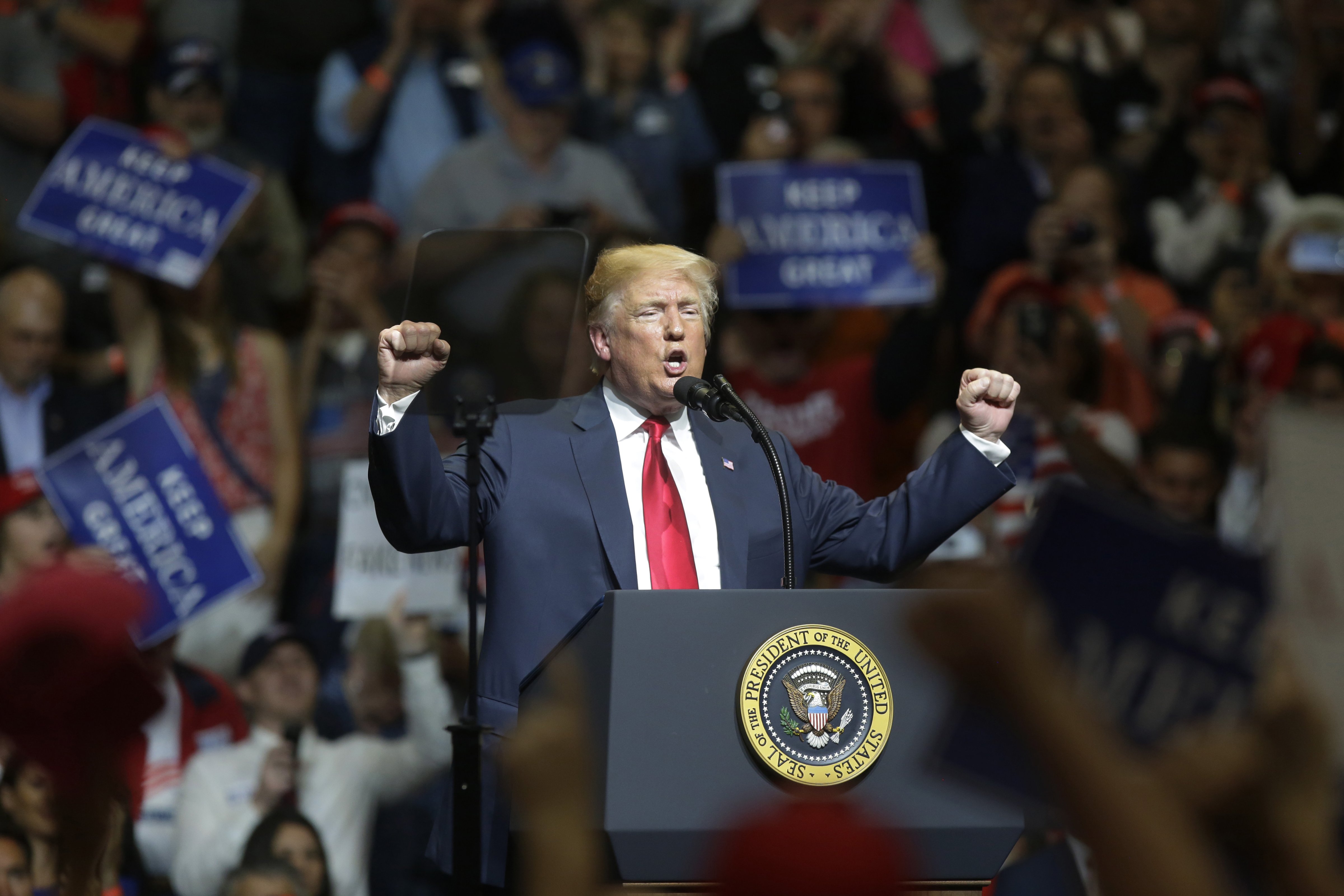 U.S. President Donald Trump speaks during a rally in Elkhart, Indiana, on May 10, 2018. (Joshua Lott—Bloomberg/Getty Images)