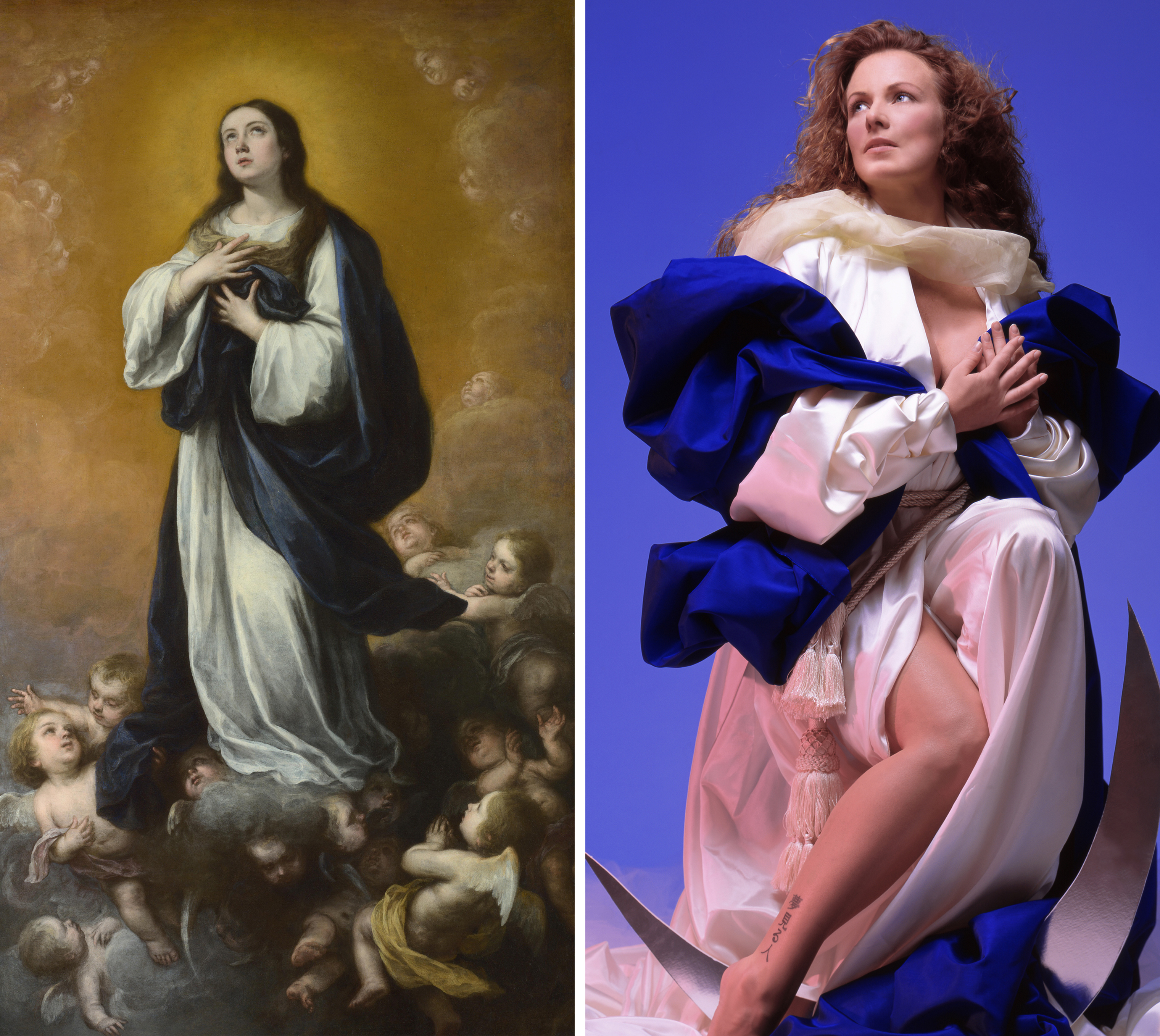 Left: Bartolomé Esteban Murillo and studio, <em>The Immaculate Conception of the Virgin</em>, 17th century (Getty Images); Right: Nika Nesgoda, <em>Immaculatum Conceptionem</em>, 2002