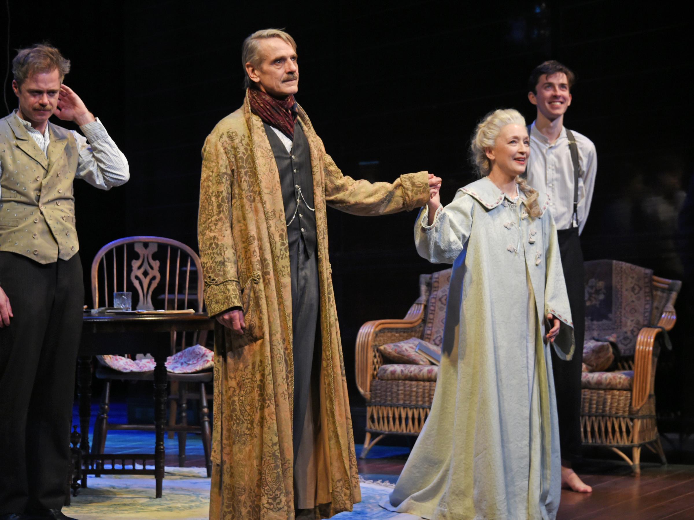 Cast members Rory Keenan, Jeremy Irons, Lesley Manville and Matthew Beard bow at the curtain call during the press night performance of "Long Day's Journey Into Night" on February 6, 2018 in London, England.