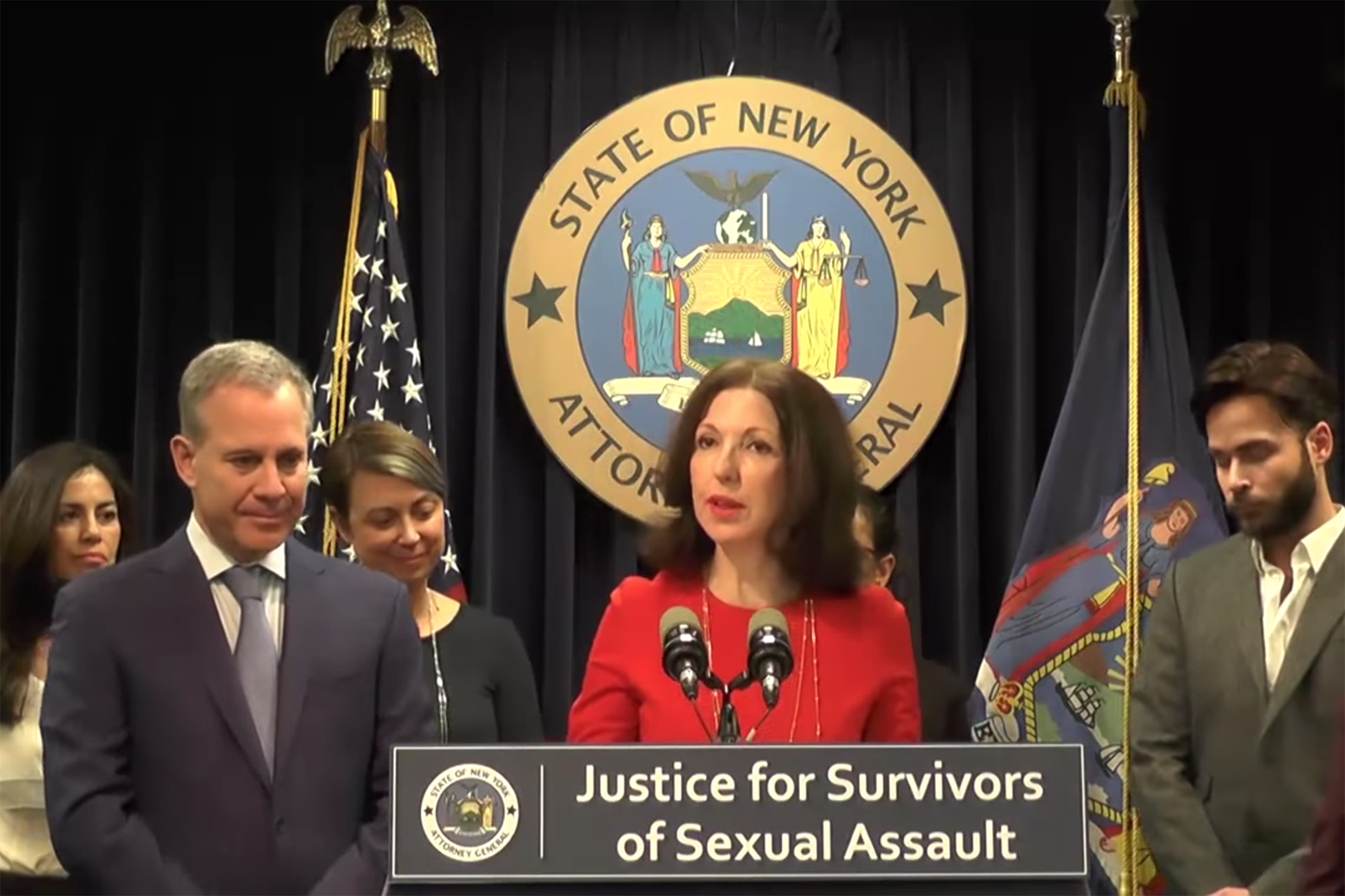 In this screen grad from the YouTube channel of the Office of Attorney General Eric T. Schneiderman, Judy Harris Kluger speaks at a press conference discussing protection of survivors of sexual assault in New York, on Nov 28, 2017. (Office of Attorney General Eric T. Schneiderman/YouTube)
