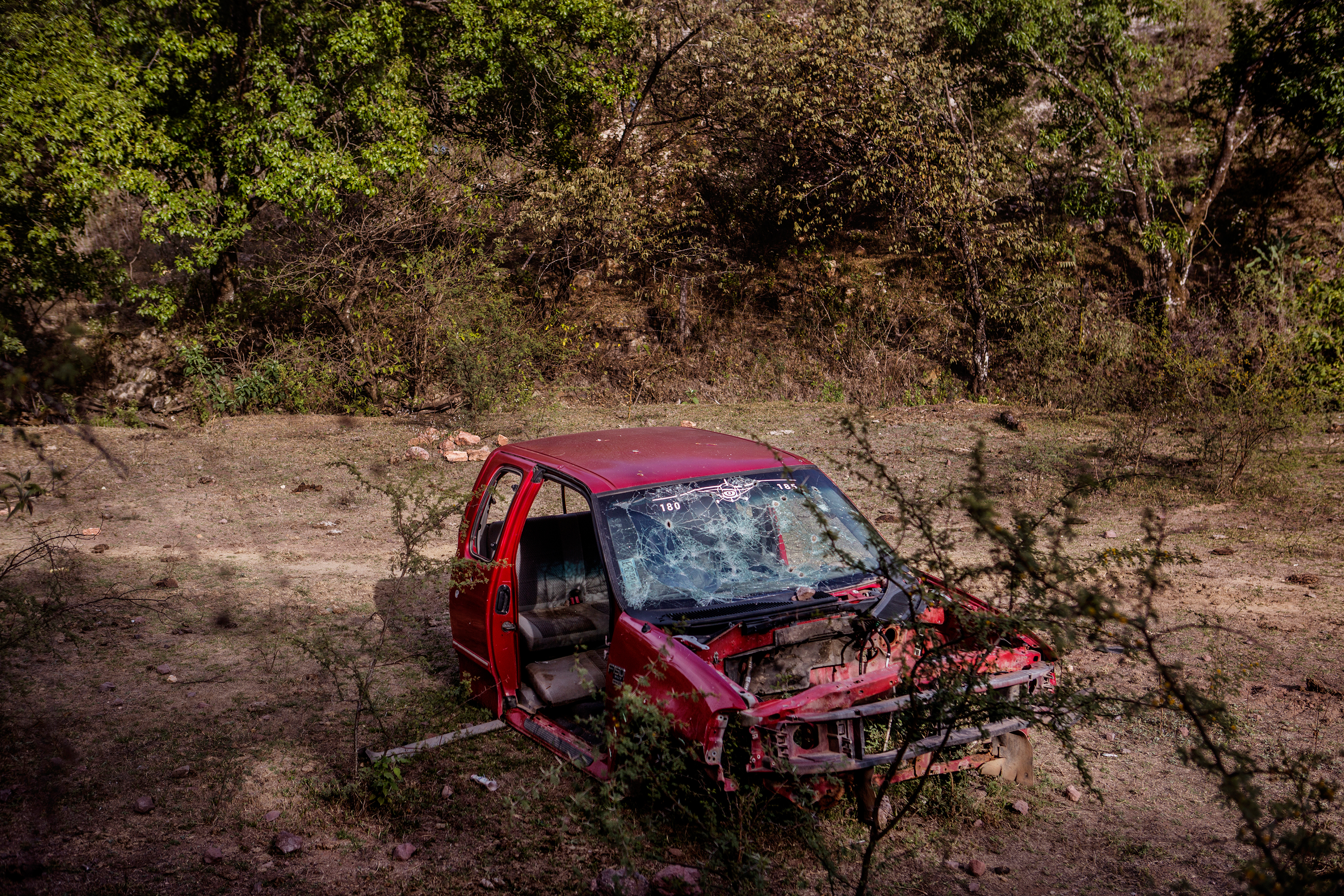 The shell of a truck, seen on the road to La Tuna, in February. (Kirsten Luce for TIME)
