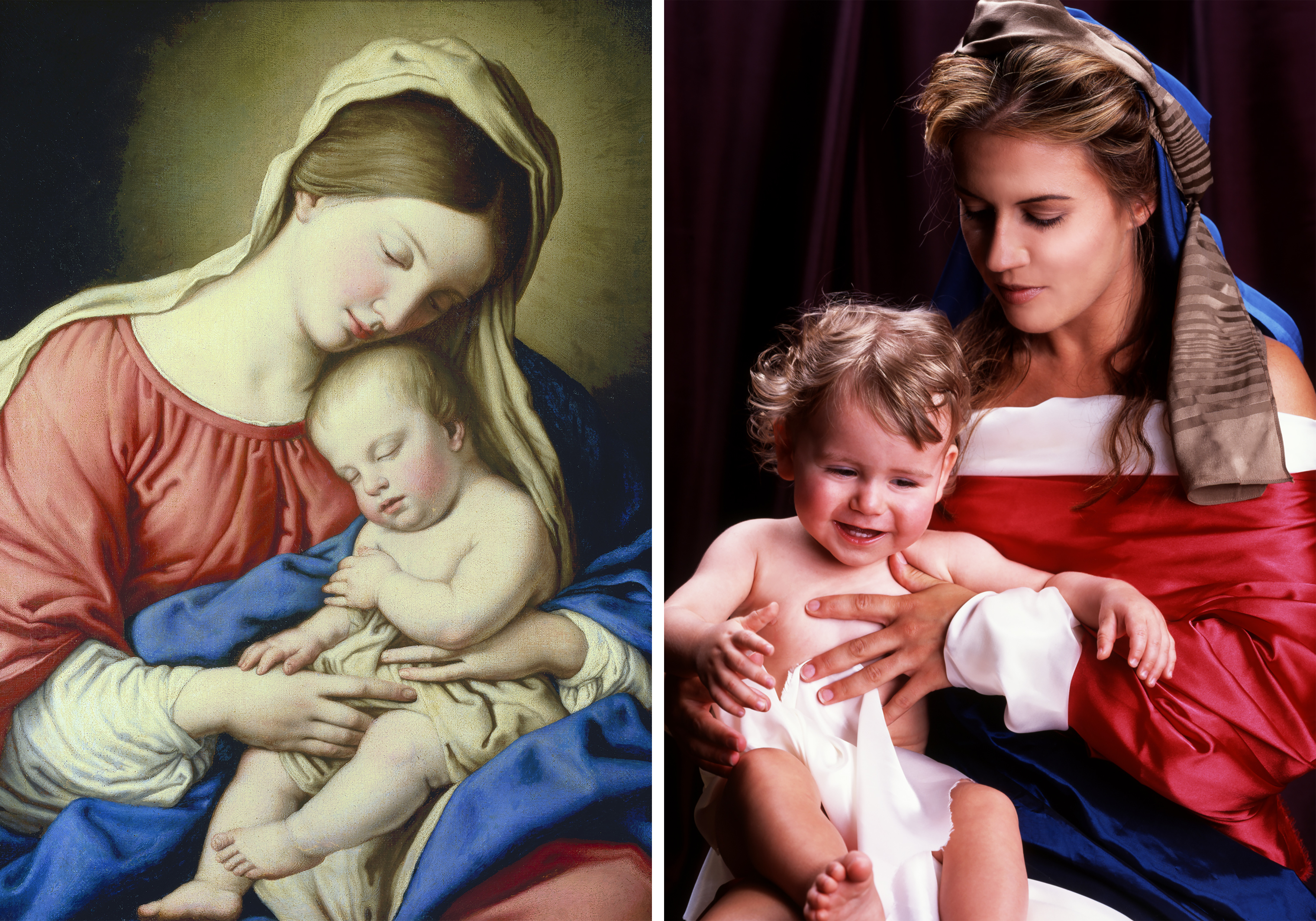 Left: Salvi Giovanni Battista, also known as il Sassoferrato, <em>Madonna and Child</em>, 17th century (Getty Images); Right: Nika Nesgoda, <em>Madonna et Puerum</em>, 2002
