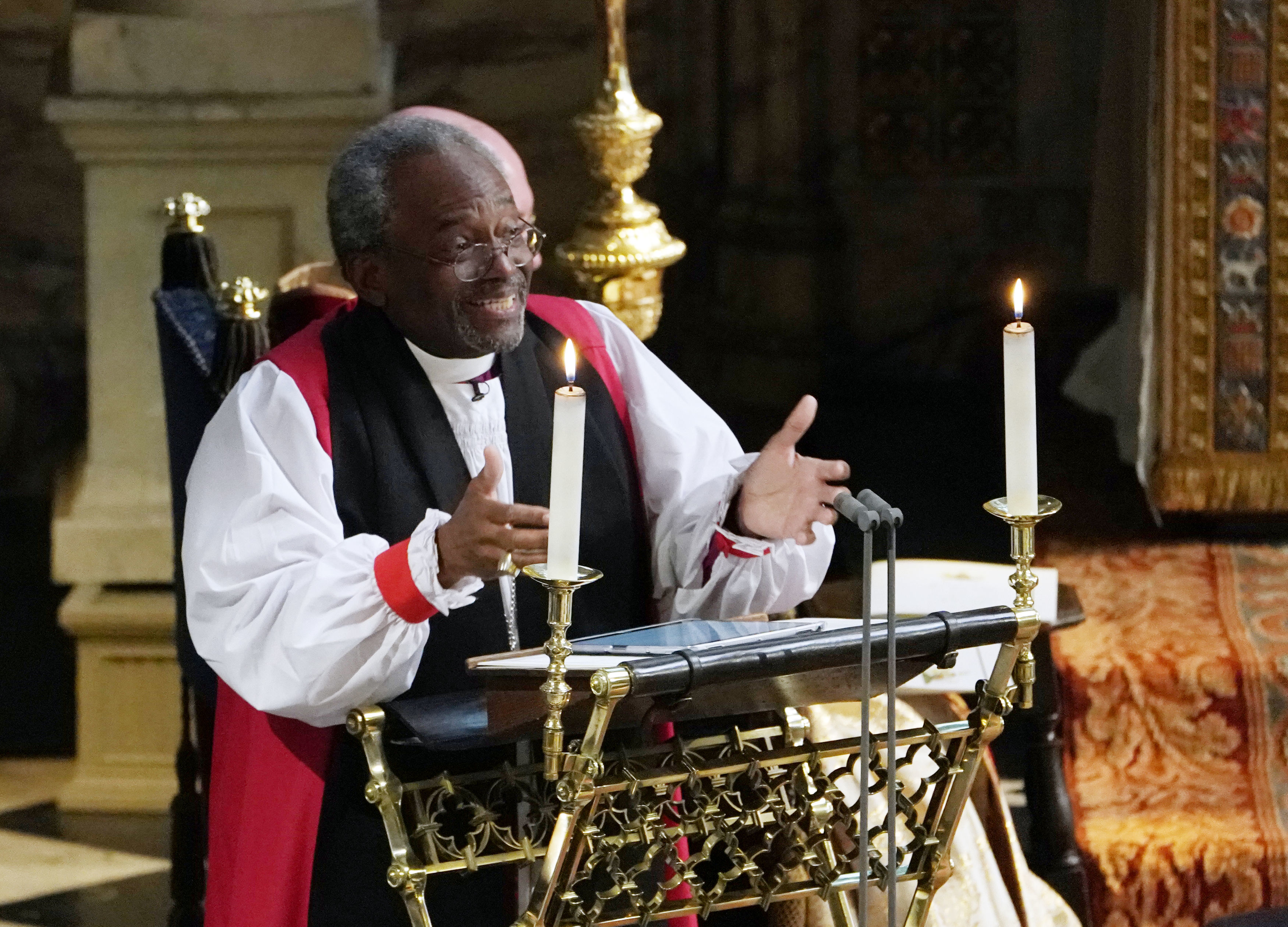 The Most Rev Bishop Michael Curry, primate of the Episcopal Church, gives an address during the wedding of Prince Harry and Meghan Markle in St George's Chapel at Windsor Castle on May 19, 2018 in Windsor, England. (WPA Pool—Getty Images)