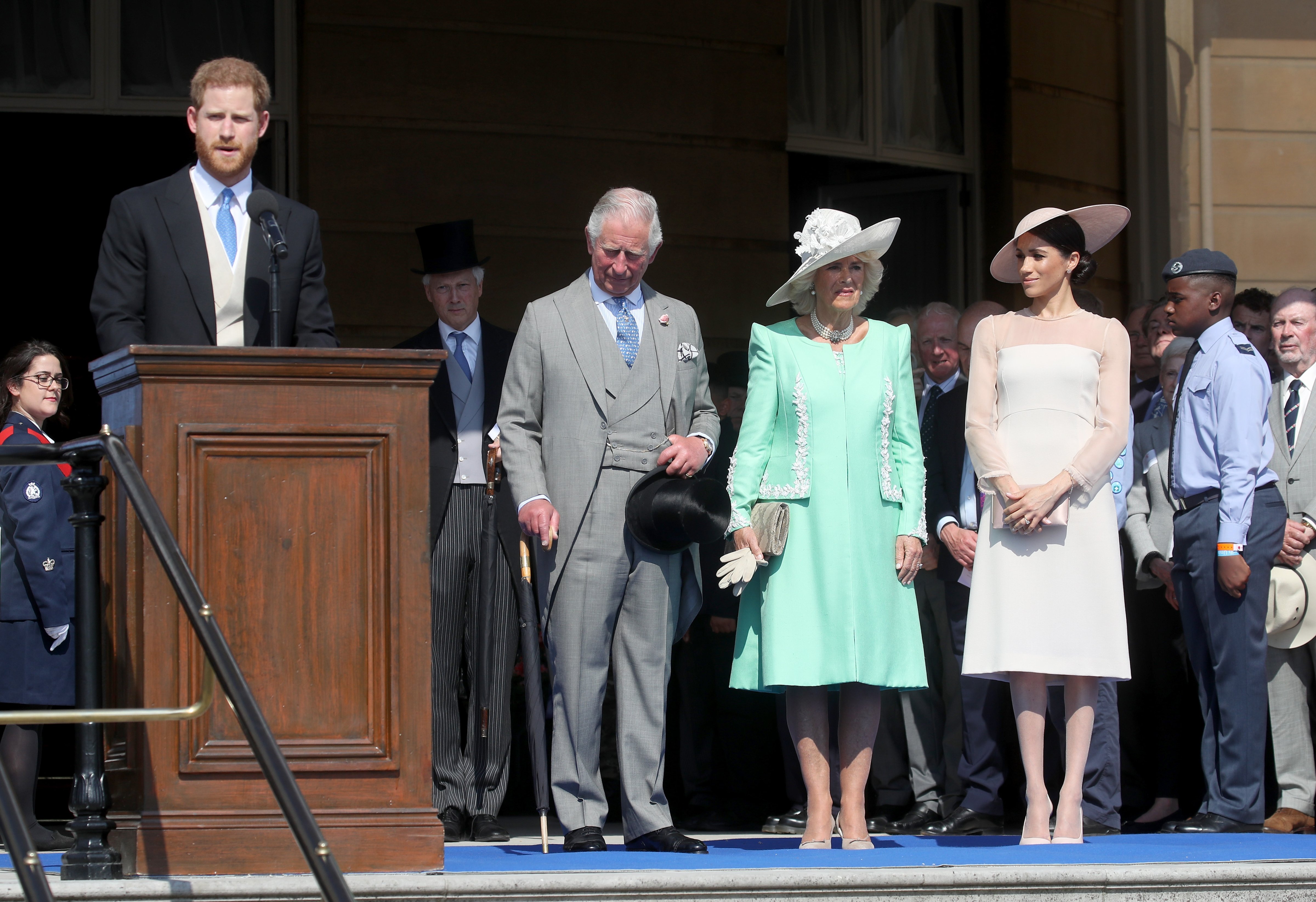 Prince Harry, Duke of Sussex gives a speech next to Prince Charles, Prince of Wales, Camilla, Duchess of Cornwall and Meghan, Duchess of Sussex as they attend The Prince of Wales' 70th Birthday Patronage Celebration held at Buckingham Palace on May 22, 2018 in London, England. (Chris Jackson—Chris Jackson/Getty Images)
