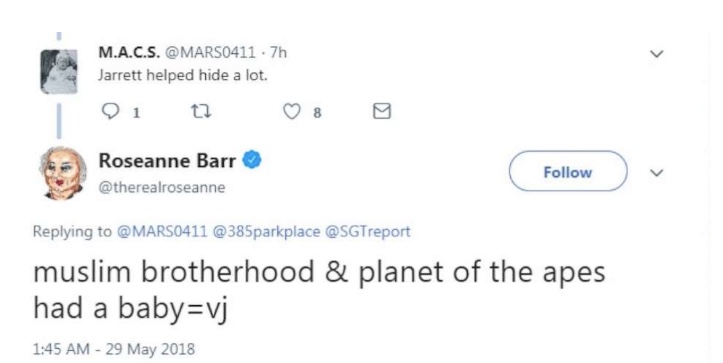 Roseanne Barr tweeted "muslim brotherhood &amp; planet of the apes had a baby=vj" in response to a tweet about Valerie Jarrett, a top aide to former President Barack Obama. Jarrett is black (Twitter)