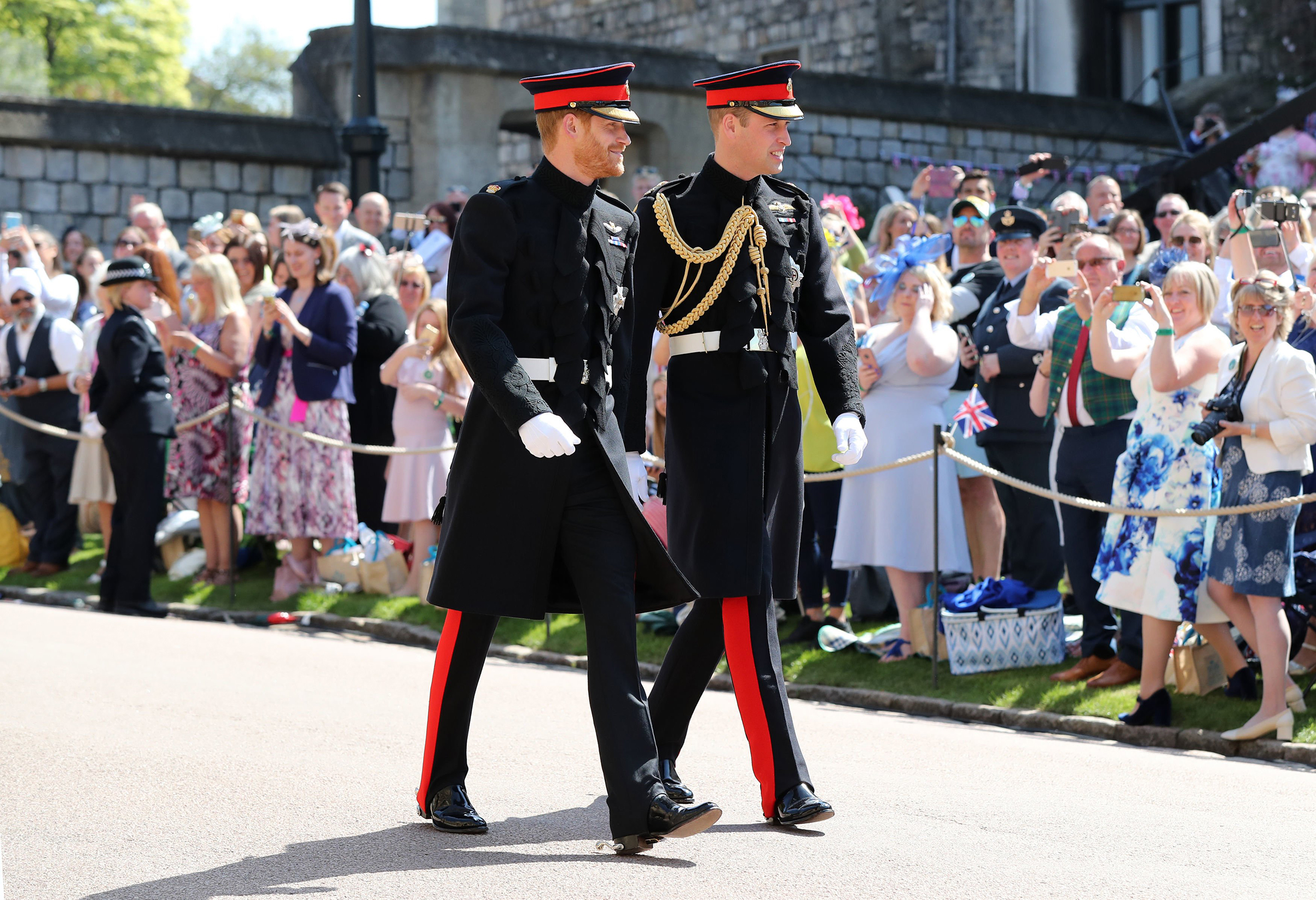 Prince Harry, Duke of Sussex, (left) arrives with his best man Prince William, Duke of Cambridge, at St George's Chapel, Windsor Castle, in Windsor, on May 19, 2018. (Gareth Fuller—AFP/Getty Images)