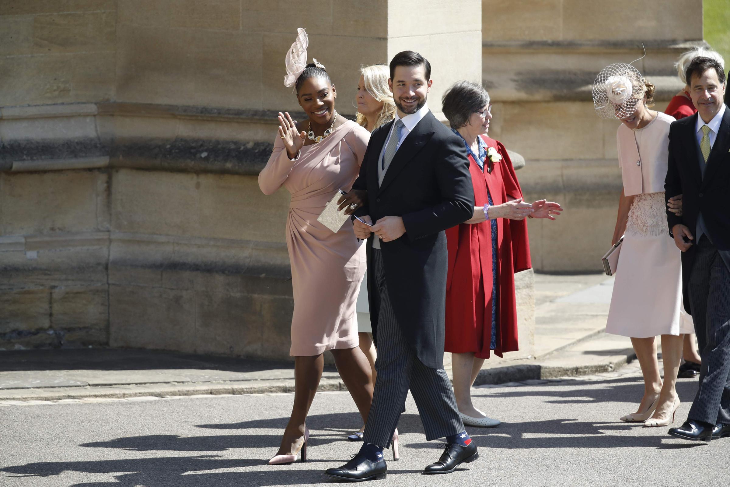 Serena Williams and her husband Alexis Ohanian arrive for the wedding ceremony of Britain's Prince Harry and Meghan Markle at St George's Chapel, Windsor Castle, in Windsor, on May 19, 2018.