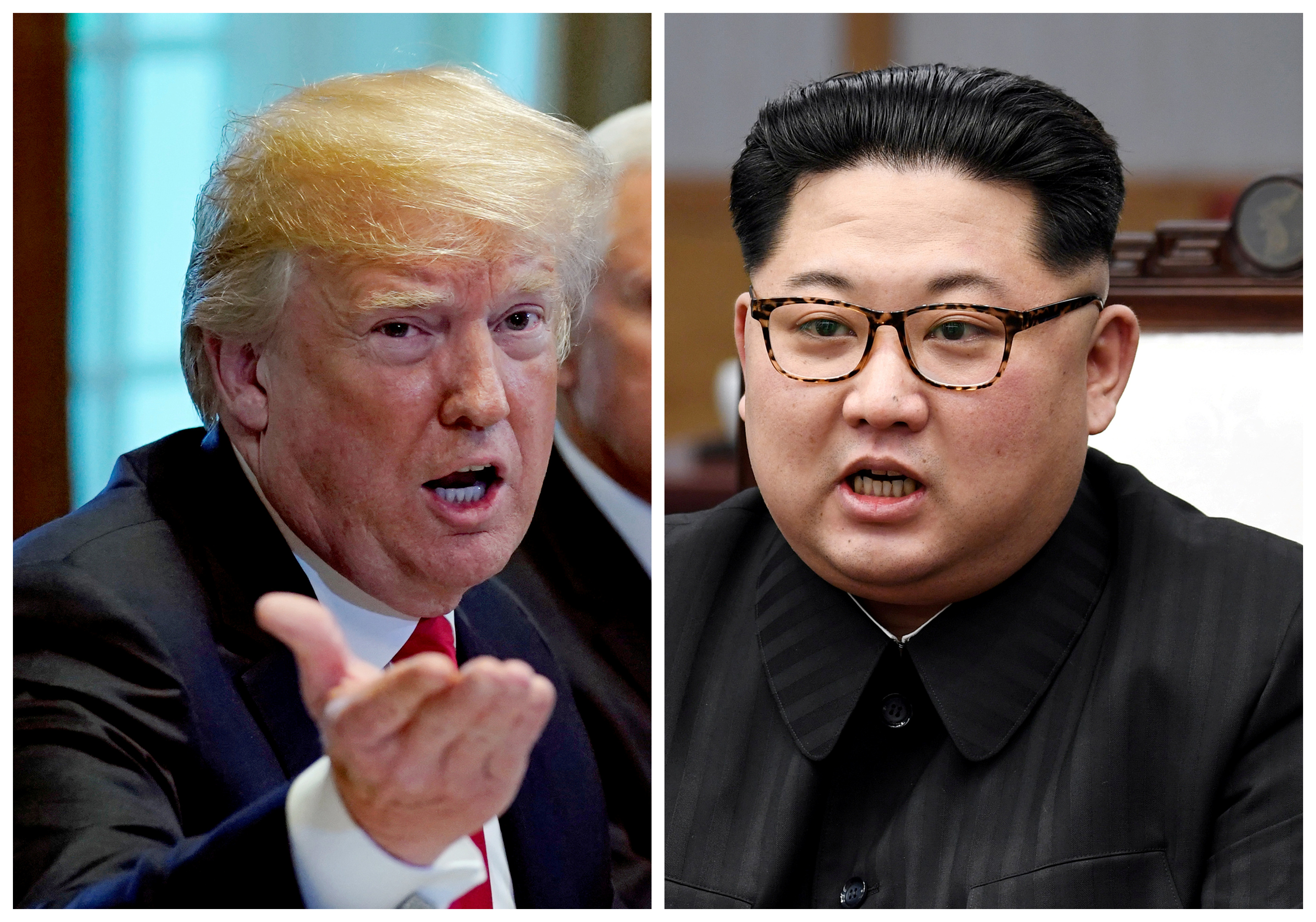 A combination photo shows President Donald Trump and North Korean leader Kim Jong Un in Washington, DC, May 17, 2018 and in Panmunjom, South Korea, April 27, 2018 respectively. (Kevin Lamarque and Korea Summit Press Pool—Reuters)
