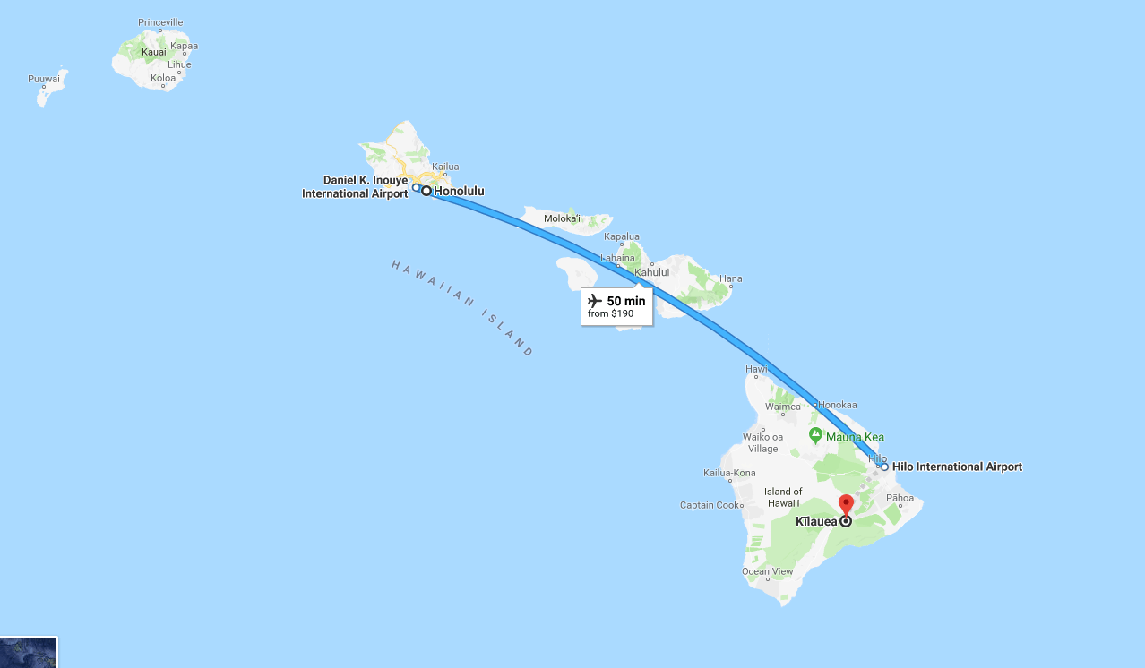 Map of distance between Kilauea, Hawaii's most active volcano, and Honolulu. (Google Maps)