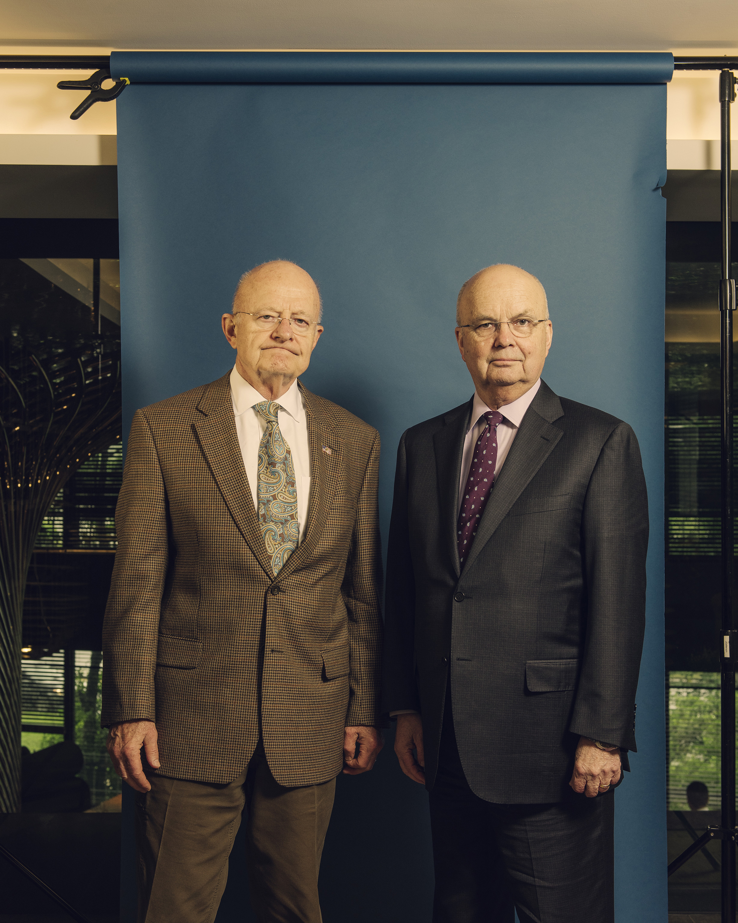Former Director of National Intelligence James Clapper, left, and former CIA chief Michael Hayden at the Watergate Hotel in May (Jared Soares for TIME)