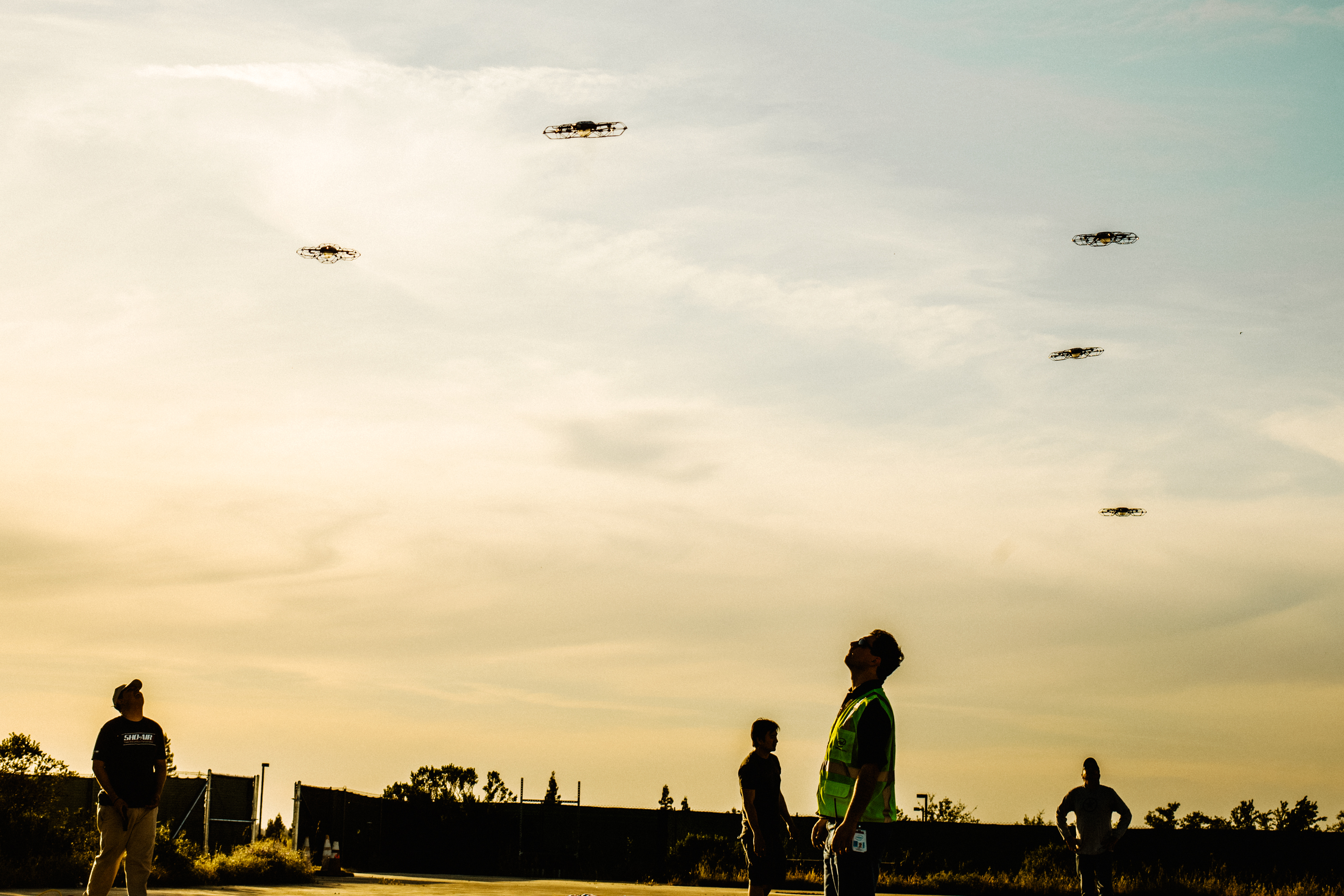 Members of the Intel Shooting Star team test a few of their drones before a cover animation attempt on May 3, 2018 in Folsom, Calif. (Jake Stangel for TIME)