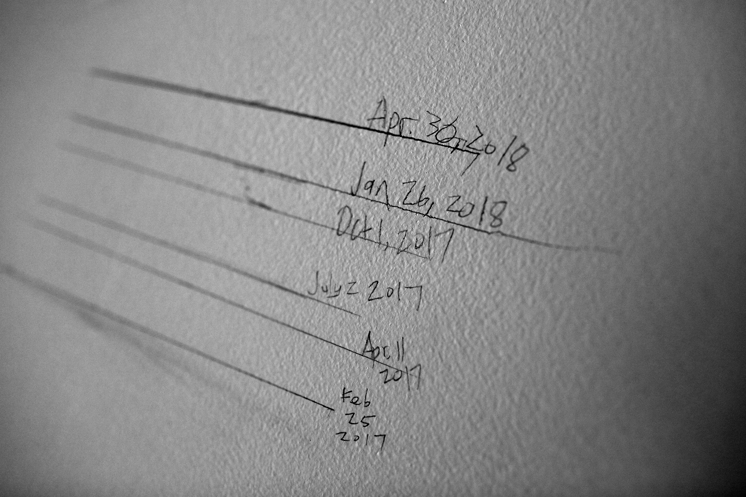 Lotus' growth chart on the wall at home. She's grown almost 4 inches in the last year and Forest has grown almost 5. (Stephanie Sinclair)