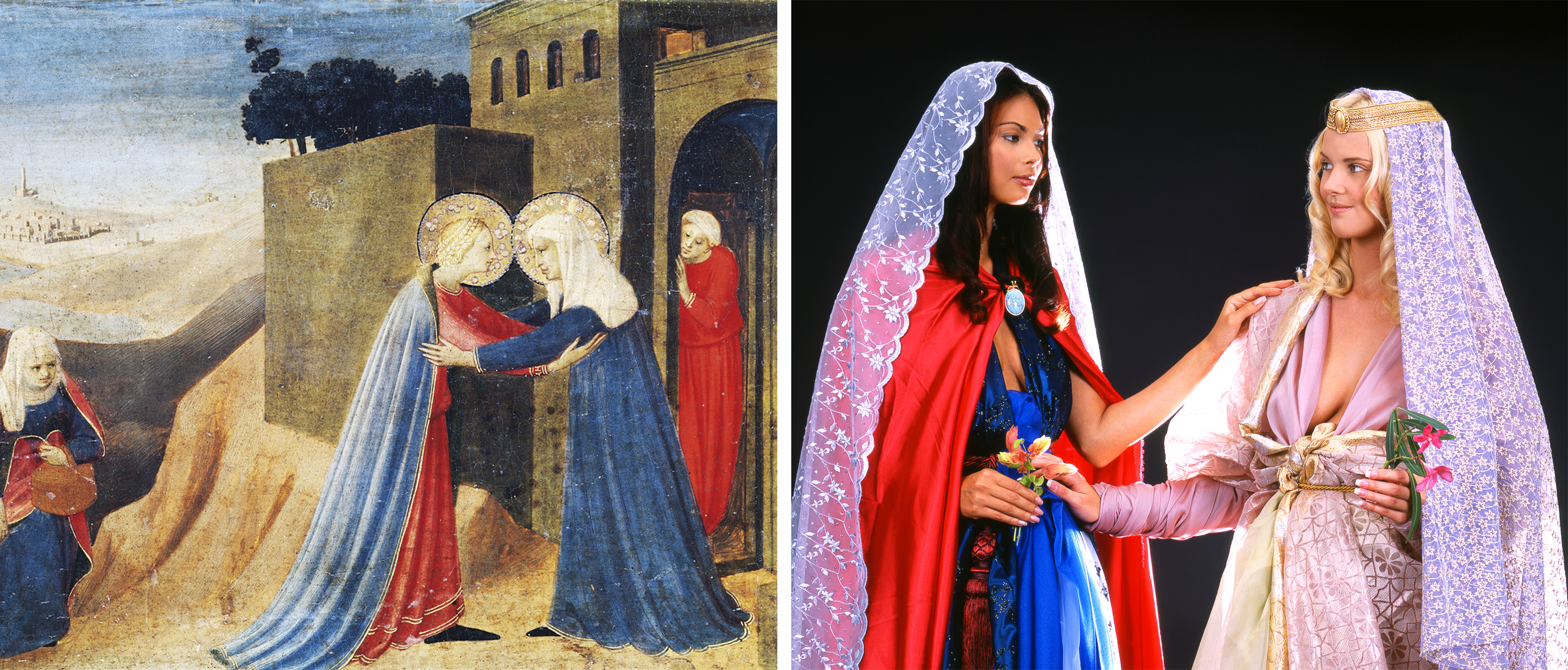 Left: Fra Angelico, <em>The Annunciation of Cortona</em> (detail of Mary's visit to Elizabeth) (Getty Images), 1433-1434; Right: Nika Nesgoda, <em>Ad Visitatio</em>, 2002