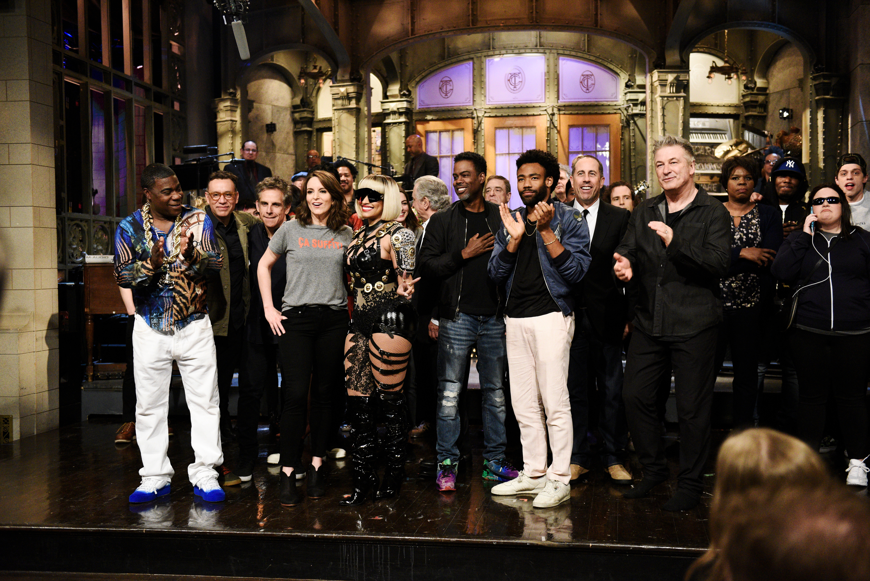 SATURDAY NIGHT LIVE -- "Tina Fey" Episode 1746 -- Pictured: (l-r) Tracy Morgan, Fred Armisen, Ben Stiller, Host Tina Fey, Musical Guest Nicki Minaj, Chris Rock, Donald Glover, Jerry Seinfeld,  Alec Baldwin during "Goodnights &amp; Credits" in Studio 8H on Saturday, May 19, 2018. (Will Heath - NBCU Photo Bank/Getty Images)