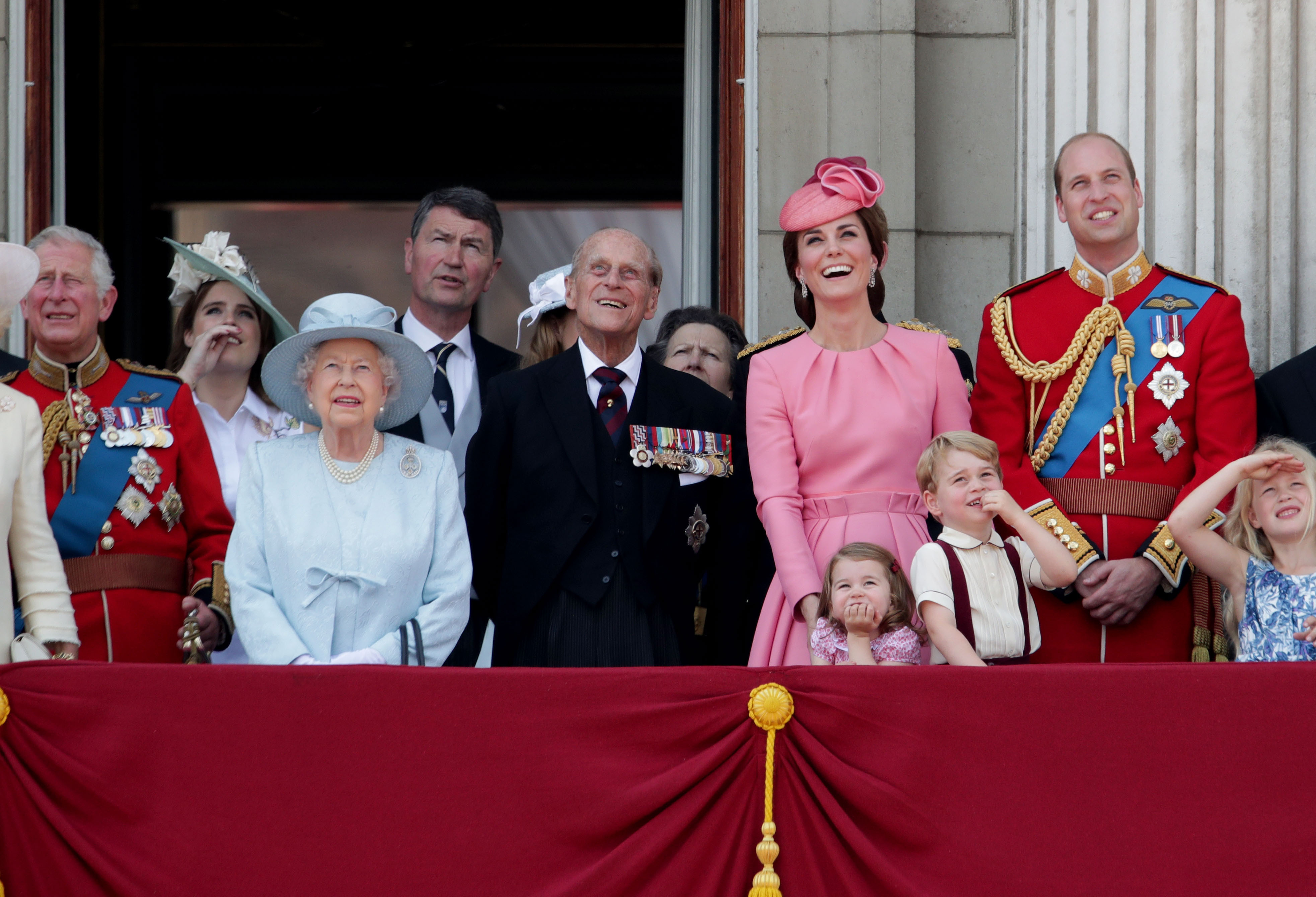 The Prince of Wales, Princess Eugenie, Queen Elizabeth II, The Duke of Edinburgh, Duchess of Cambridge, Princess Charlotte, Prince George and The Duke of Cambridge on the balcony of Buckingham Palace, in central London, following the Trooping the Colour ceremony at Horse Guards Parade as the Queen celebrates her official birthday today. (Yui Mok - PA Images—PA Images via Getty Images)