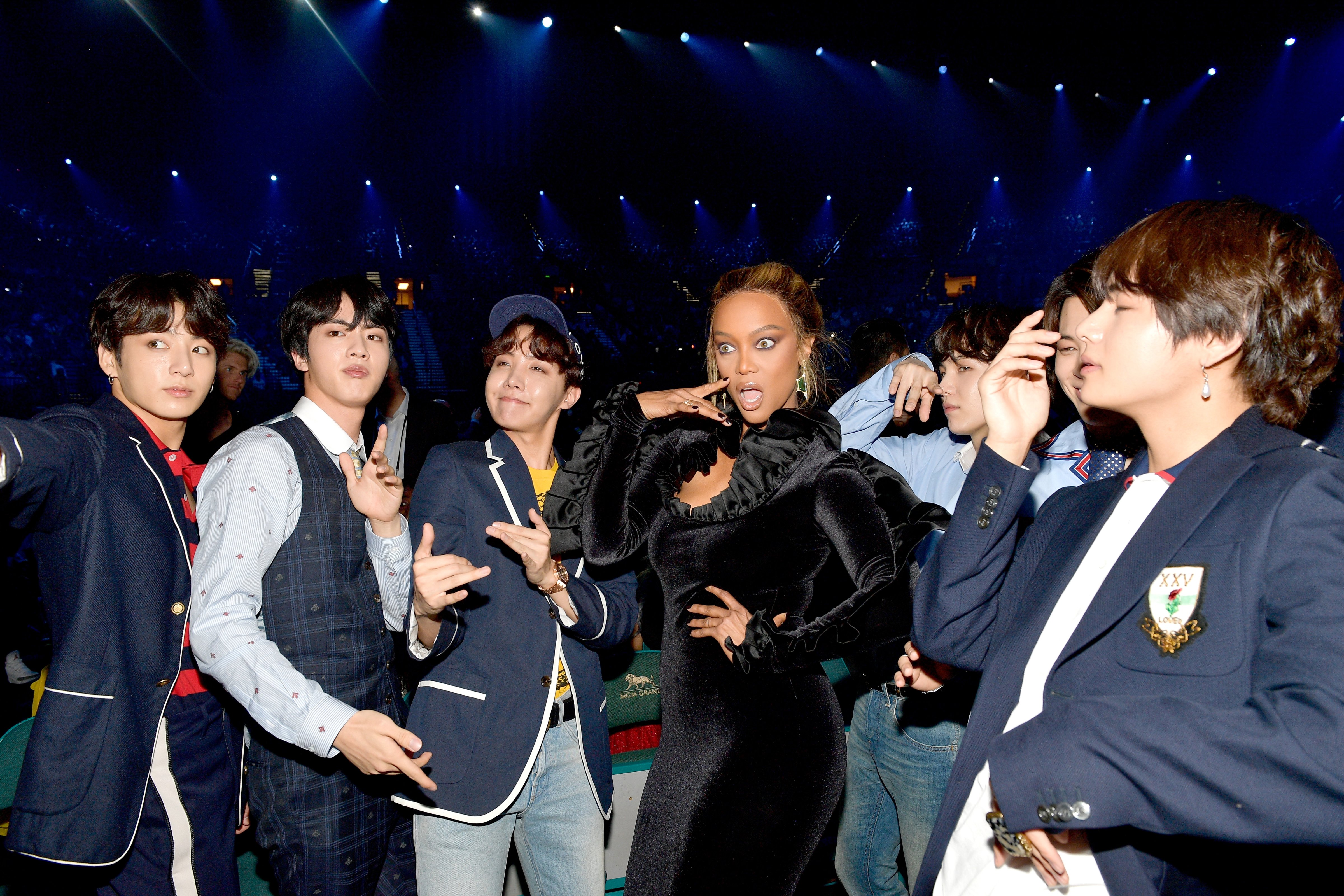 Model Tyra Banks with musical group BTS attend the 2018 Billboard Music Awards at MGM Grand Garden Arena on May 20, 2018 in Las Vegas, Nevada. (Matt Winkelmeyer/BBMA18&mdash;Getty Images for dcp)