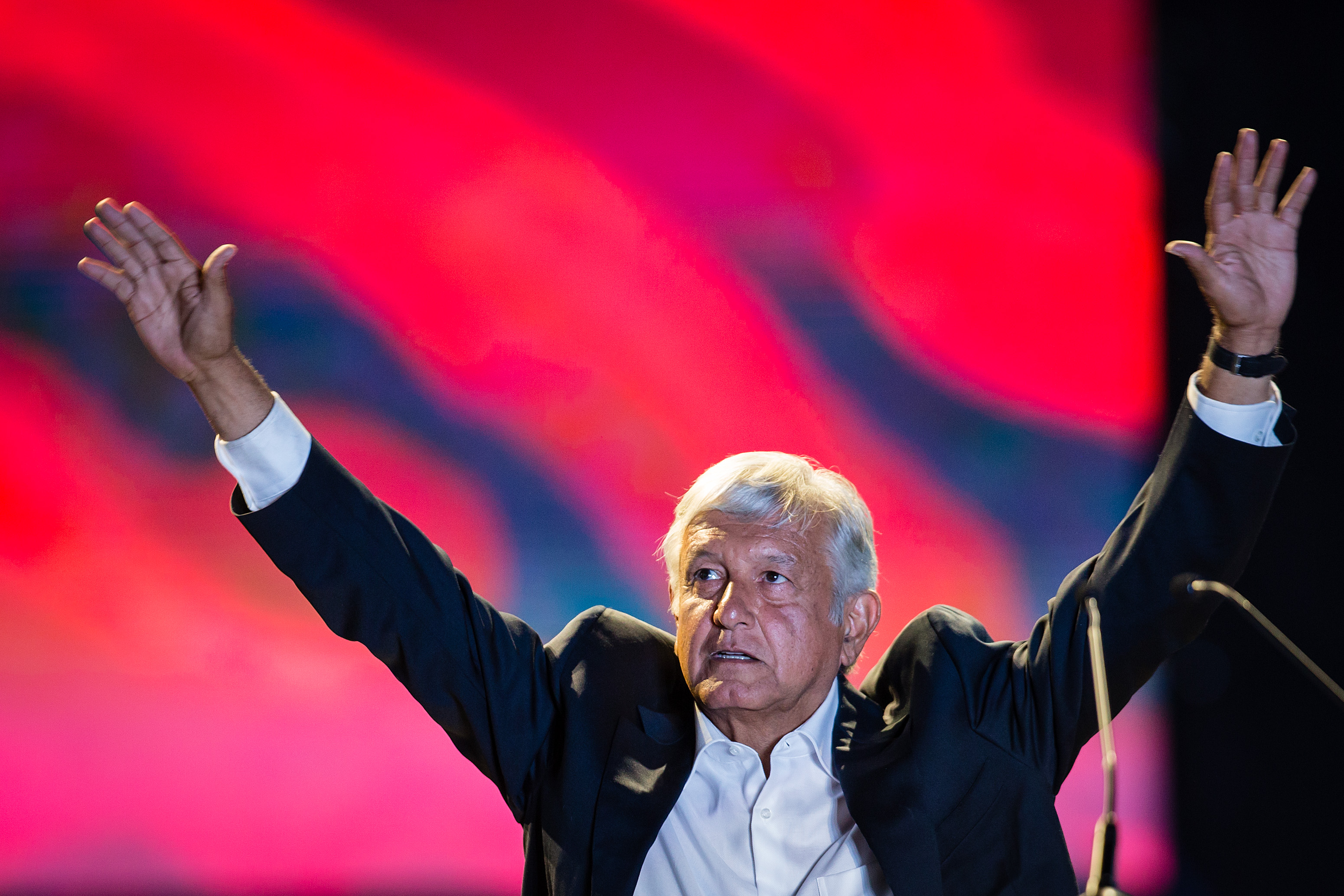 Presidential candidate Andres Manuel Lopez Obrador delivers a speech during the final event of the 2018 Presidential Campaign at Azteca Stadium on June 27, 2018 in Mexico City, Mexico. (Manuel Velasquez&mdash;Getty Images)