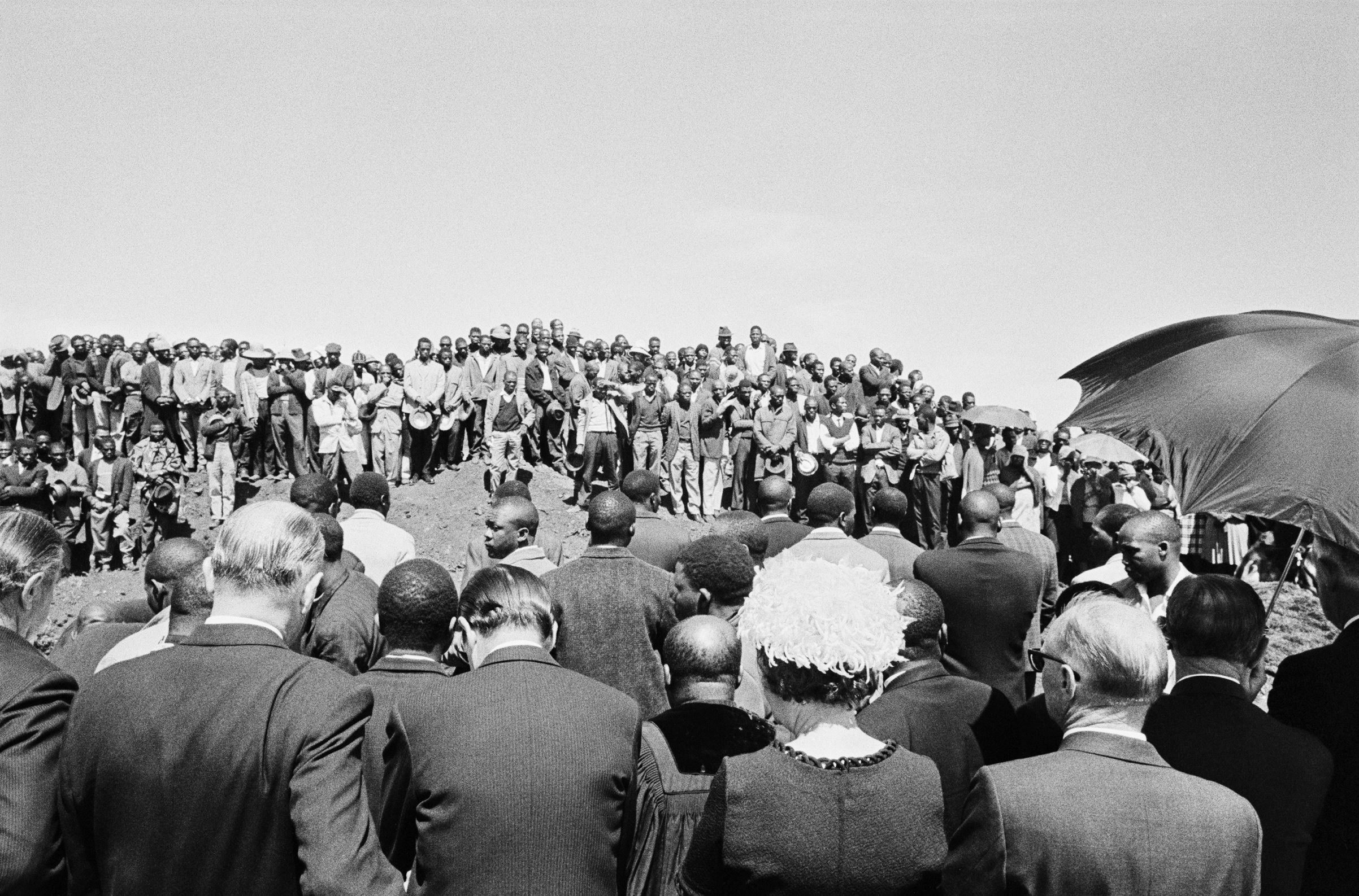 Funeral of 58 Basotho shaftsinkers, killed underground while charging up during the sinking of a new shaft. Buffelsfontein, November 1969 (David Goldblatt—Courtesy of the Goodman Gallery)