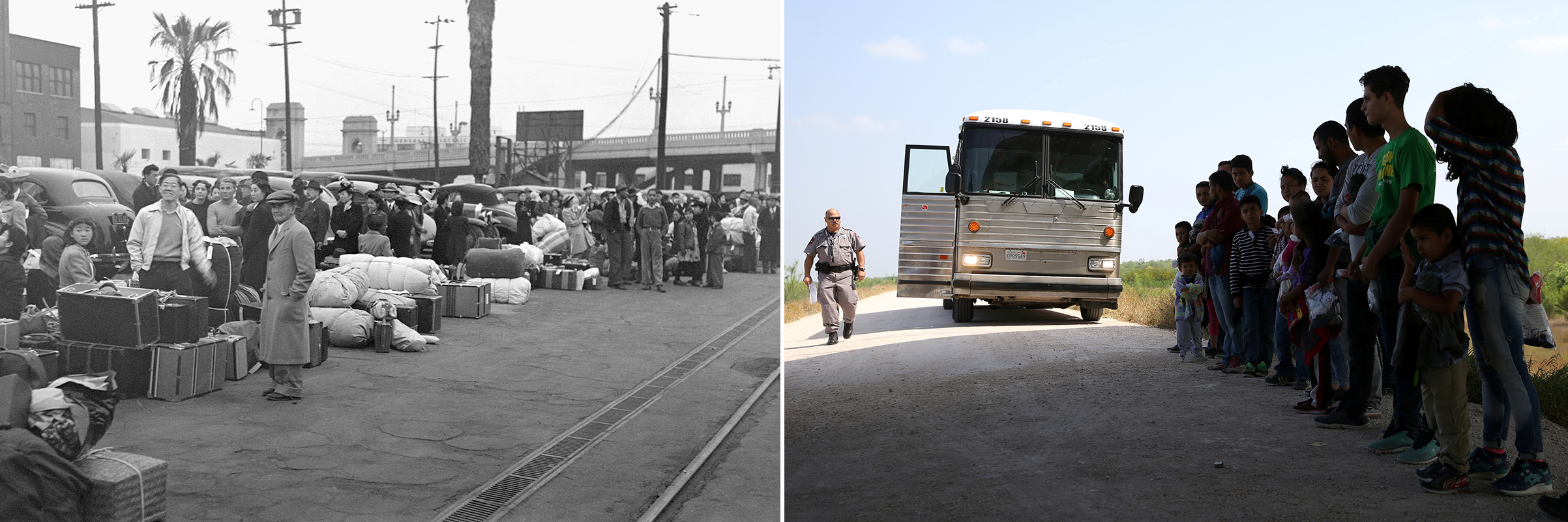 Left: Japanese-Americans in Los Angeles, California, waiting for the train to take them to Owens Valley internment camp in April 1942. Right: Pedestrian travelers wait in a U.S. Customs and Border Protection line at the Mexico-U.S. border port of entry in Hidalgo, Texas, on April 13, 2018. (Getty Images; Loren Elliott—Reuters)