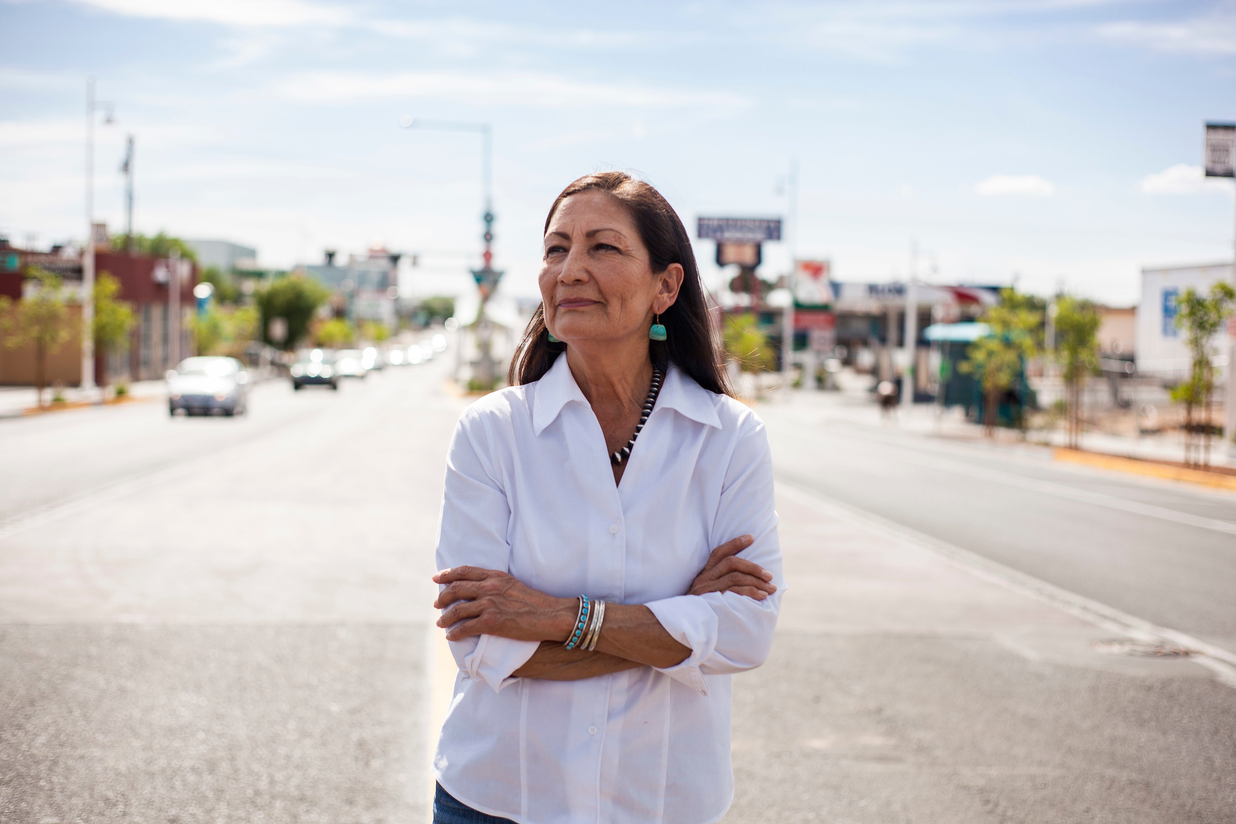 Deb Haaland poses for a portrait in a Nob Hill Neighborhood in Albuquerque, N.M., on June 4, 2018. Haaland, a tribal member of Laguna Pueblo, is aiming to become the first Native American woman in Congress. (Juan Labreche—AP//Shutterstock)