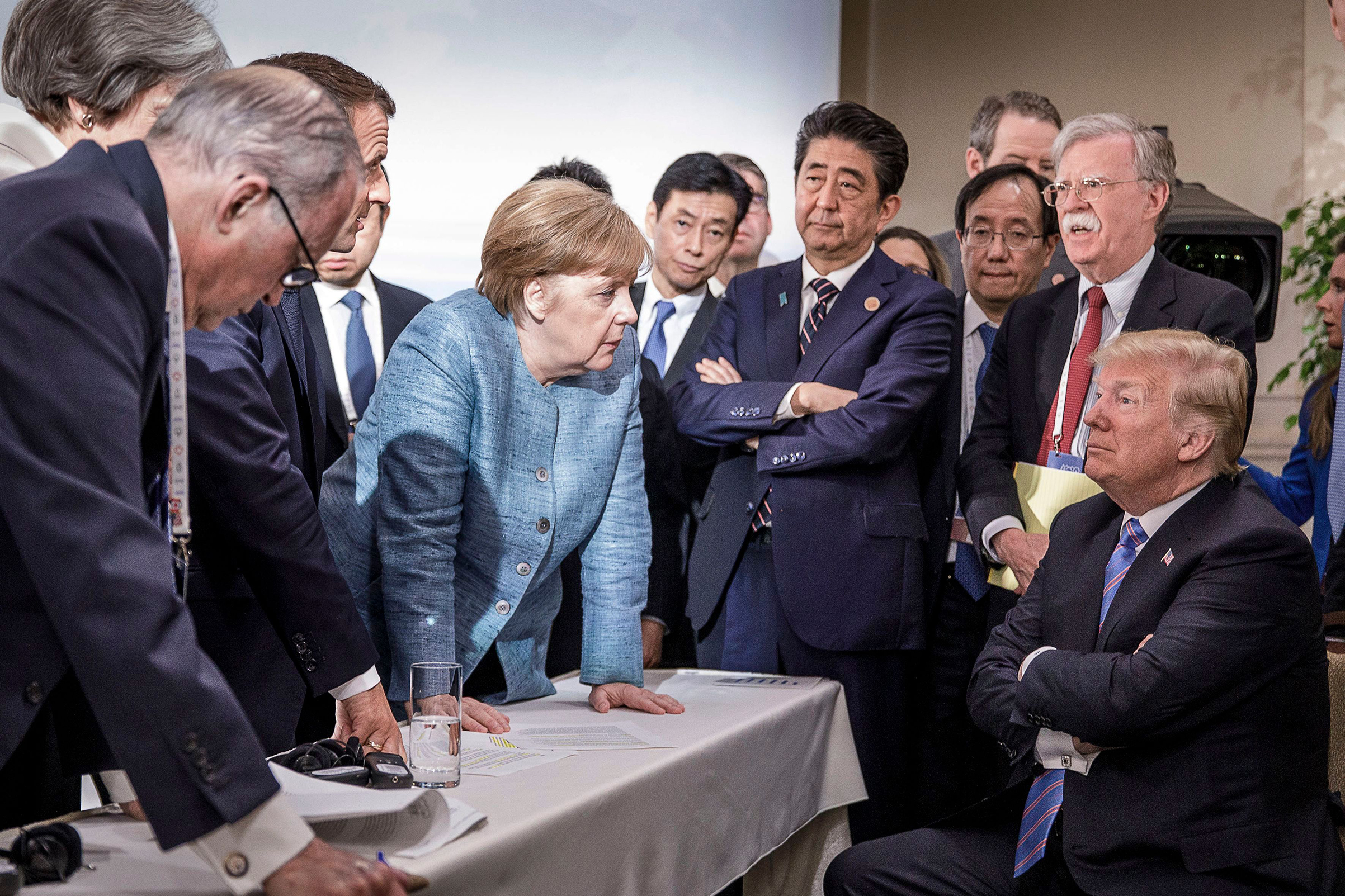 A handout photograph from the German government shows a group of leaders at the Group of Seven summit, including German Chancellor Angela Merkel and President Trump, in Canada on June 9, 2018. (Jesco Denzel—EPA-EFE/Shutterstock)