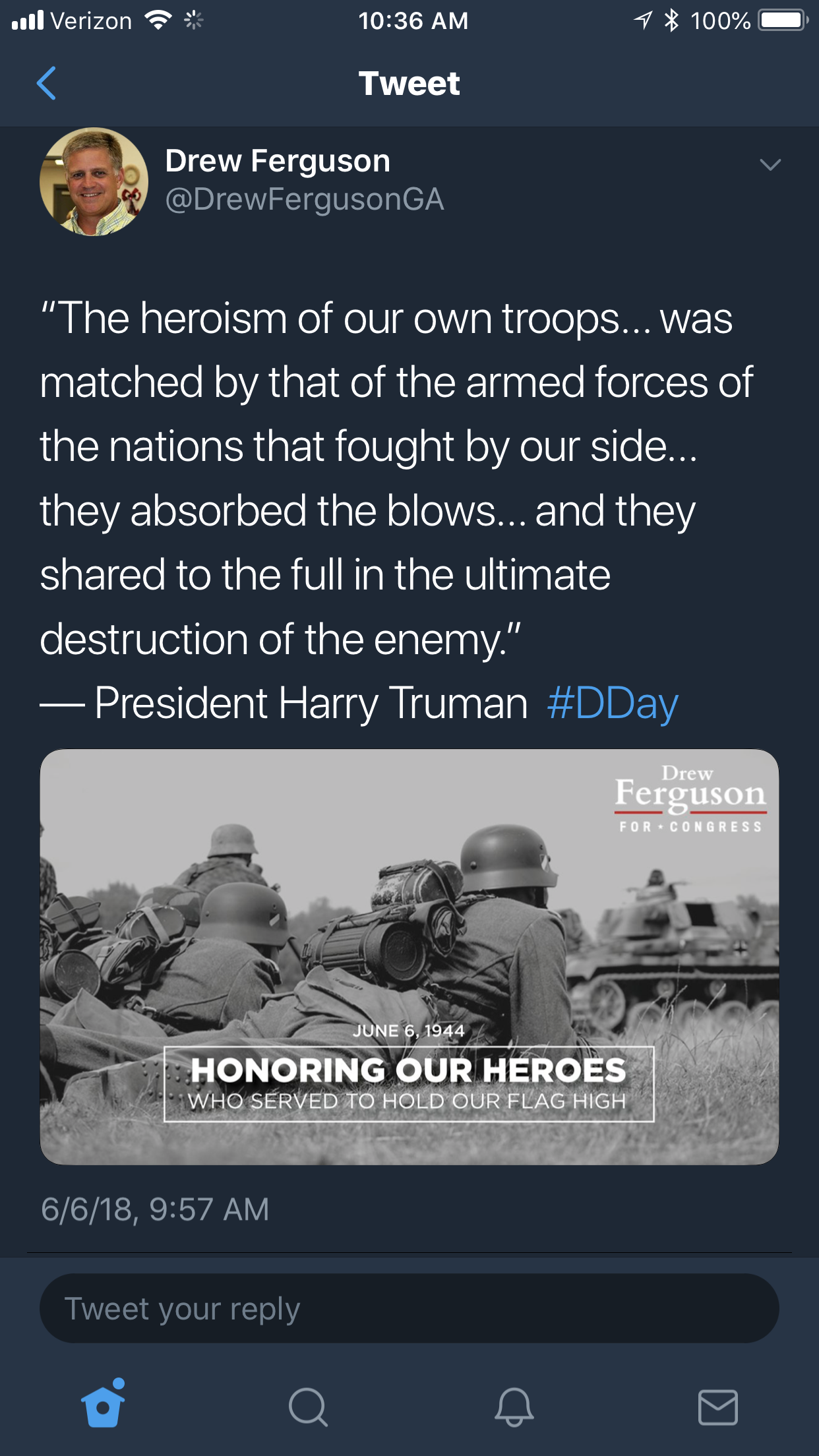 Rep. Drew Ferguson's campaign Twitter page posted this tribute to D-Day with an image of German soldiers (Twitter / @DrewFergusonGA)
