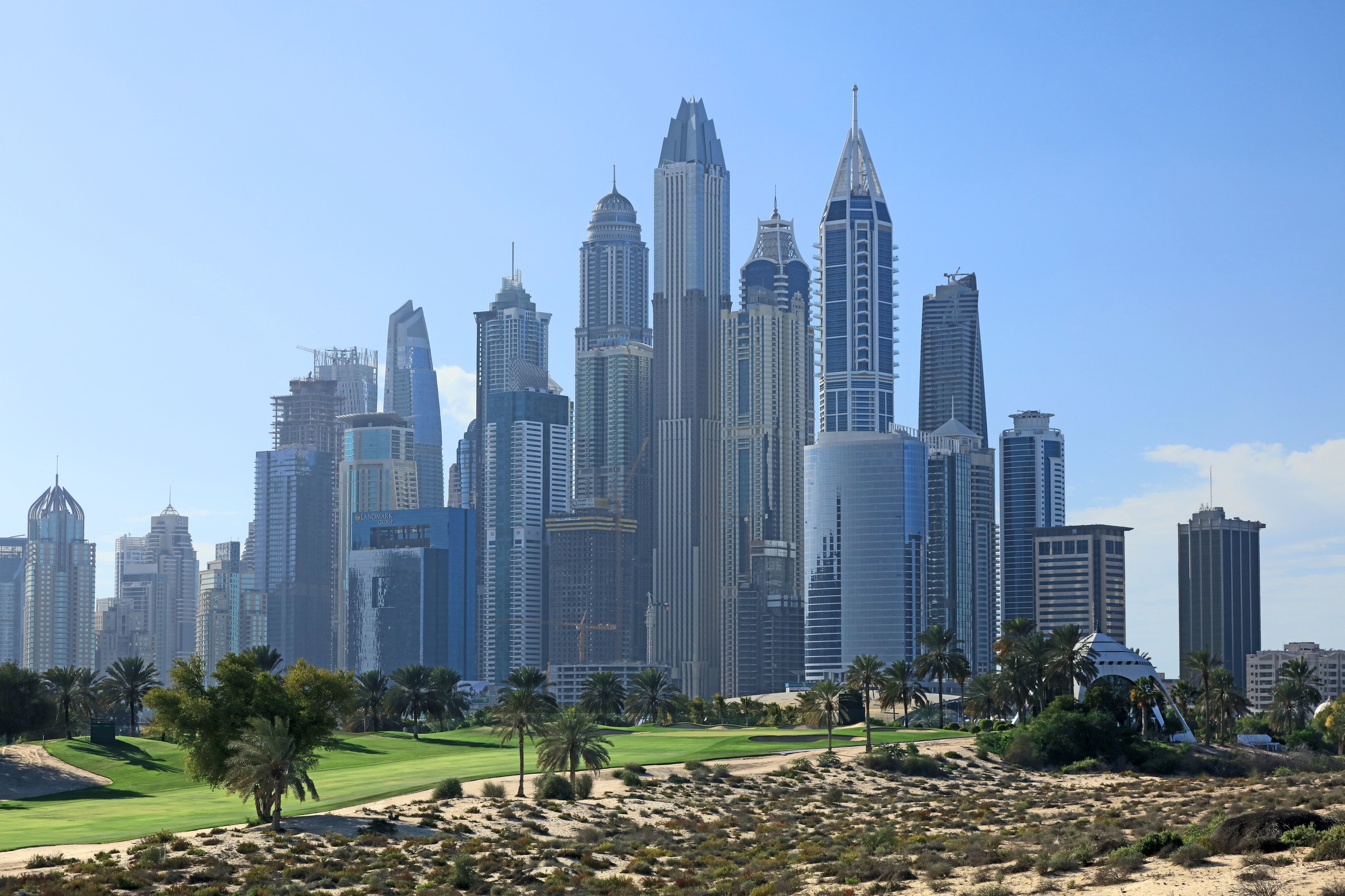 he Majlis Course with the skyline of the Dubai Marina behind at The Emirates Golf Club on January 31, 2018. (David Cannon—Getty Images T)