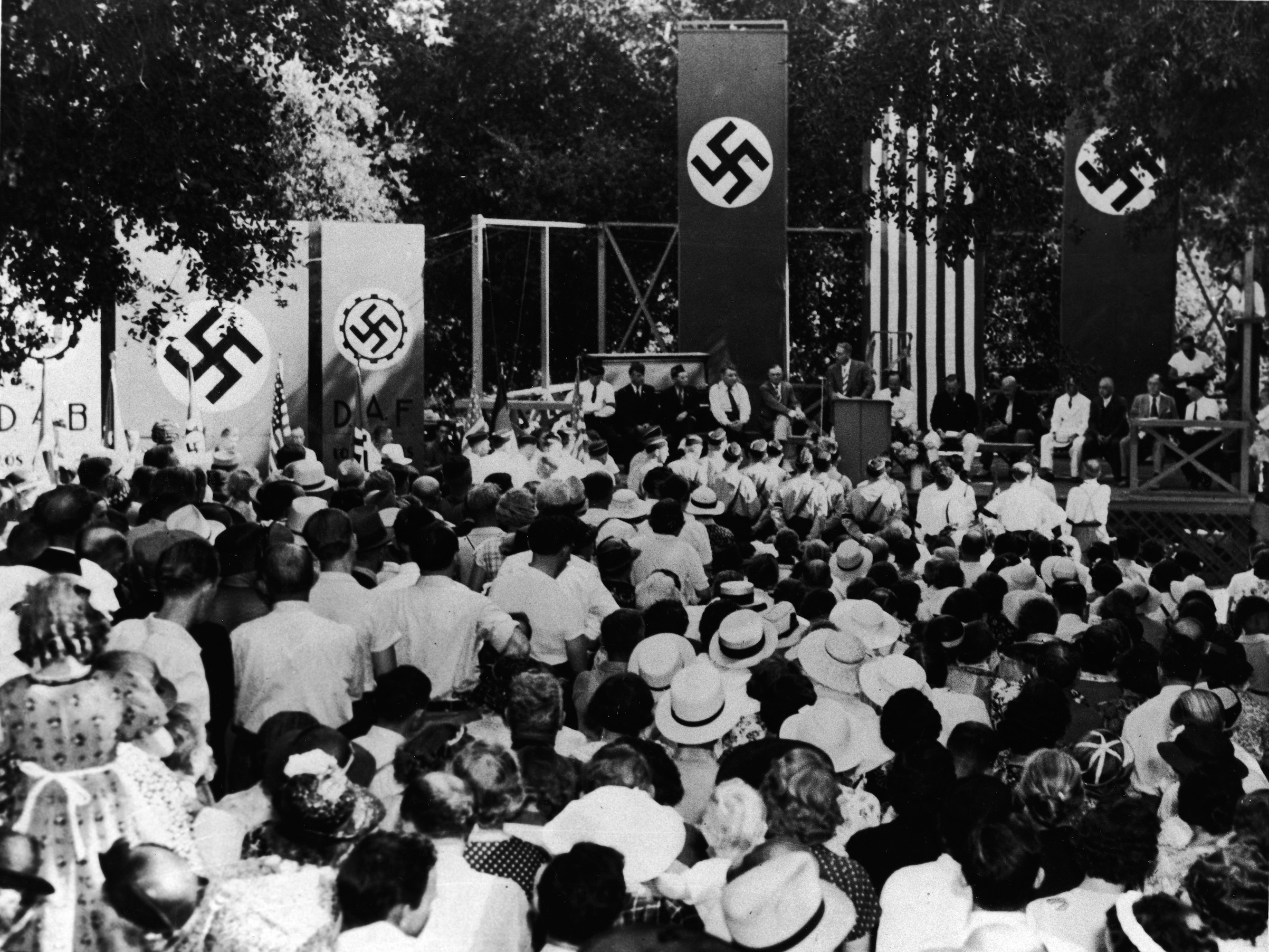 At a pro-Nazi gathering in Los Angeles in 1937, German-Americans listen to speakers who deny that American Nazi representatives were engaged in subversive activities against the United States. (Anthony Potter Collection/Getty Images)
