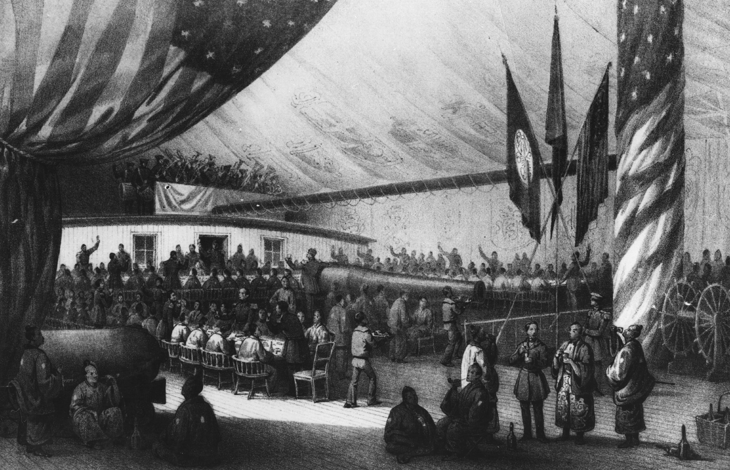 circa 1853: illustration of a dinner given in honor of the Japanese Commissioner on board the USSF Powhatan, during the naval expedition led by the US naval officer Matthew Galbraith Perry (1794 - 1858). (Hulton Archive/Getty Images)