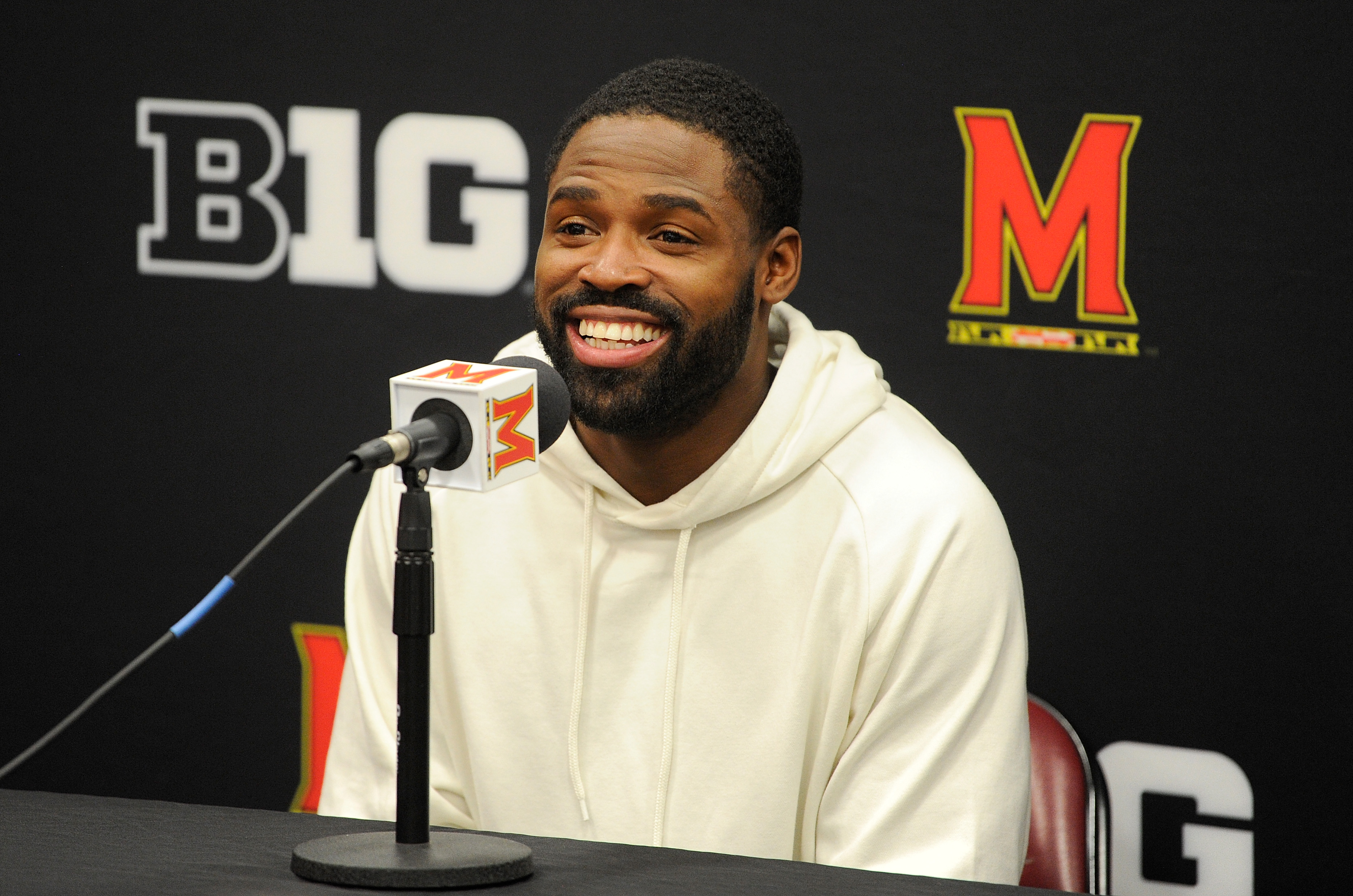 Torrey Smith talks to the media before the game between the Maryland Terrapins and the Michigan Wolverines at Xfinity Center in College Park, Maryland on Feb. 24, 2018. (G Fiume&mdash;Getty Images)
