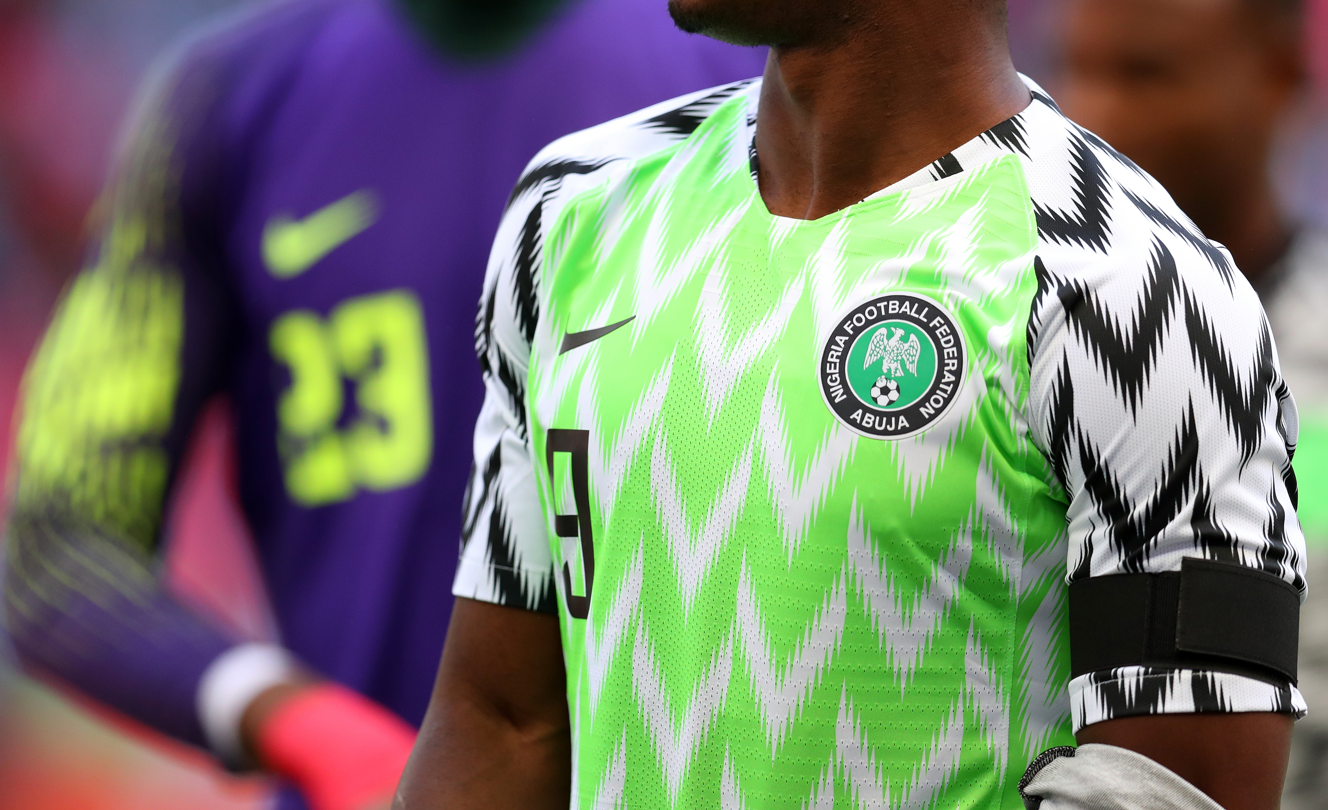 Detail of the Nigeria badge and shirt during the international friendly match between England and Nigeria at Wembley Stadium on June 2, 2018 in London, England. (Catherine Ivill—Getty Images)