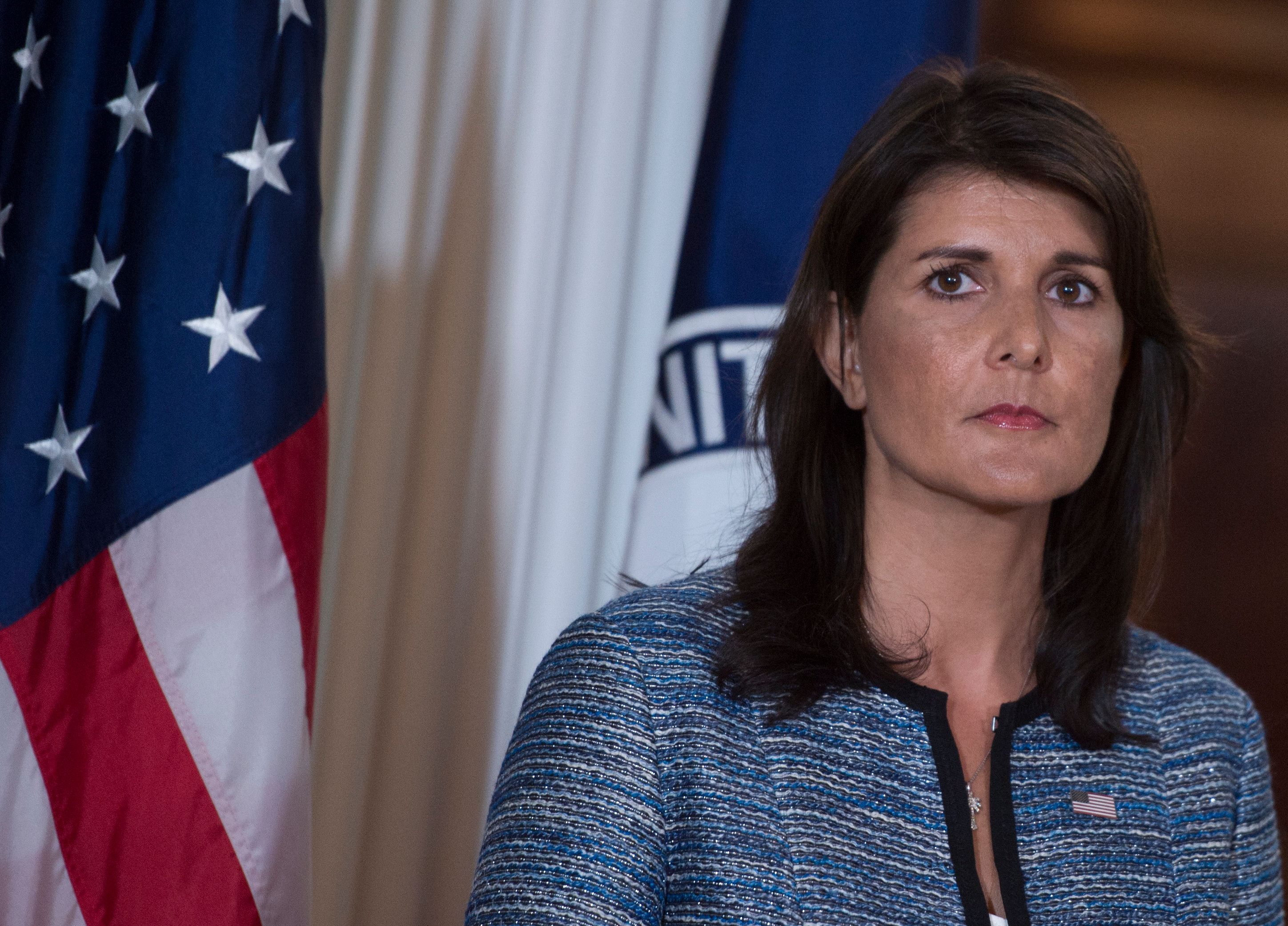 US Ambassador to the United Nation Nikki Haley speaks at the US Department of State in Washington DC on June 19, 2018. The United States announced that it is withdrawing from the U.N. Human Rights Council. (Andrew Caballero-Reynolds—AFP/Getty Images)