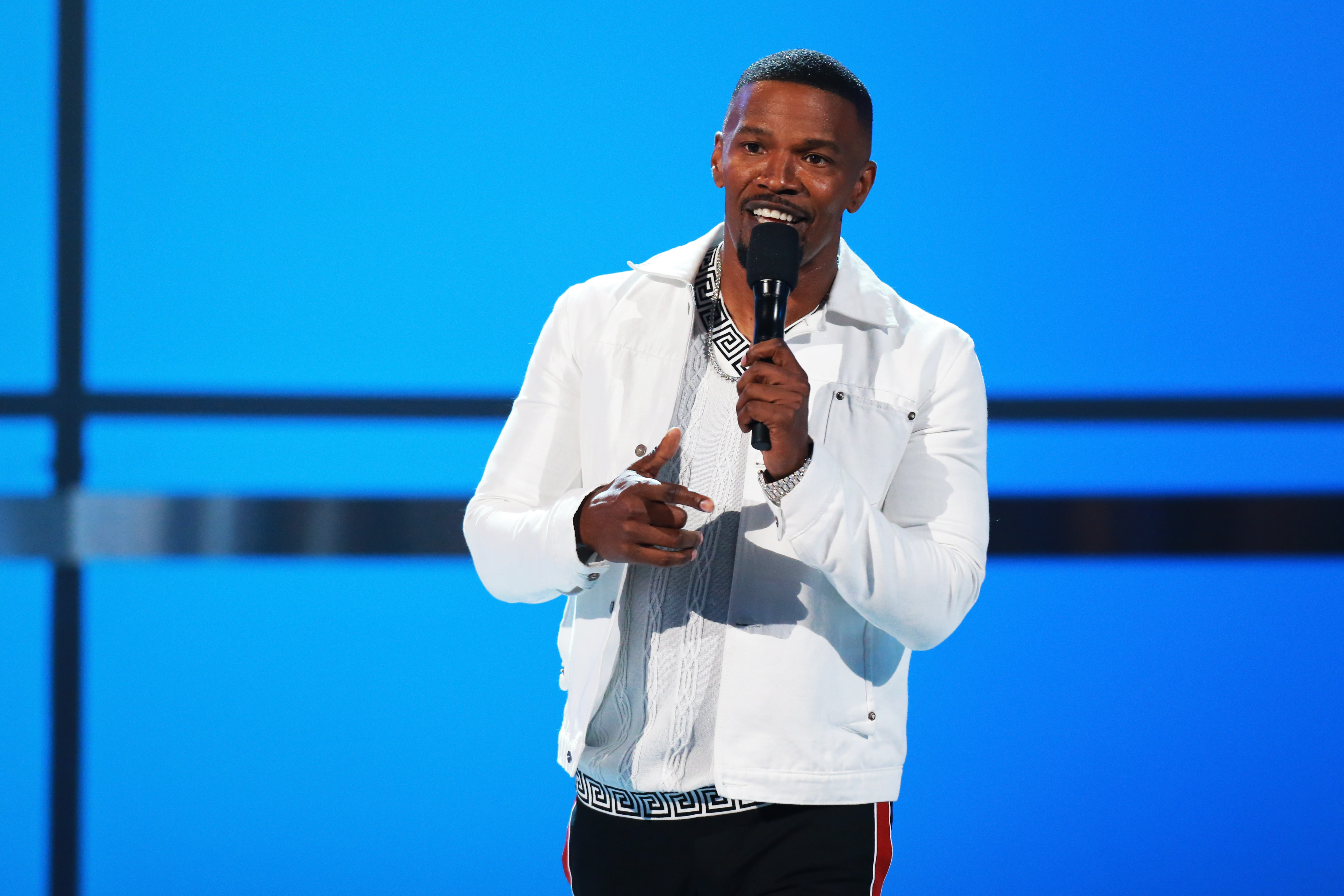 Host Jamie Foxx speaks onstage at the 2018 BET Awards at Microsoft Theater in Los Angeles, California on June 24, 2018. ((Photo by Leon Bennett/Getty Images))