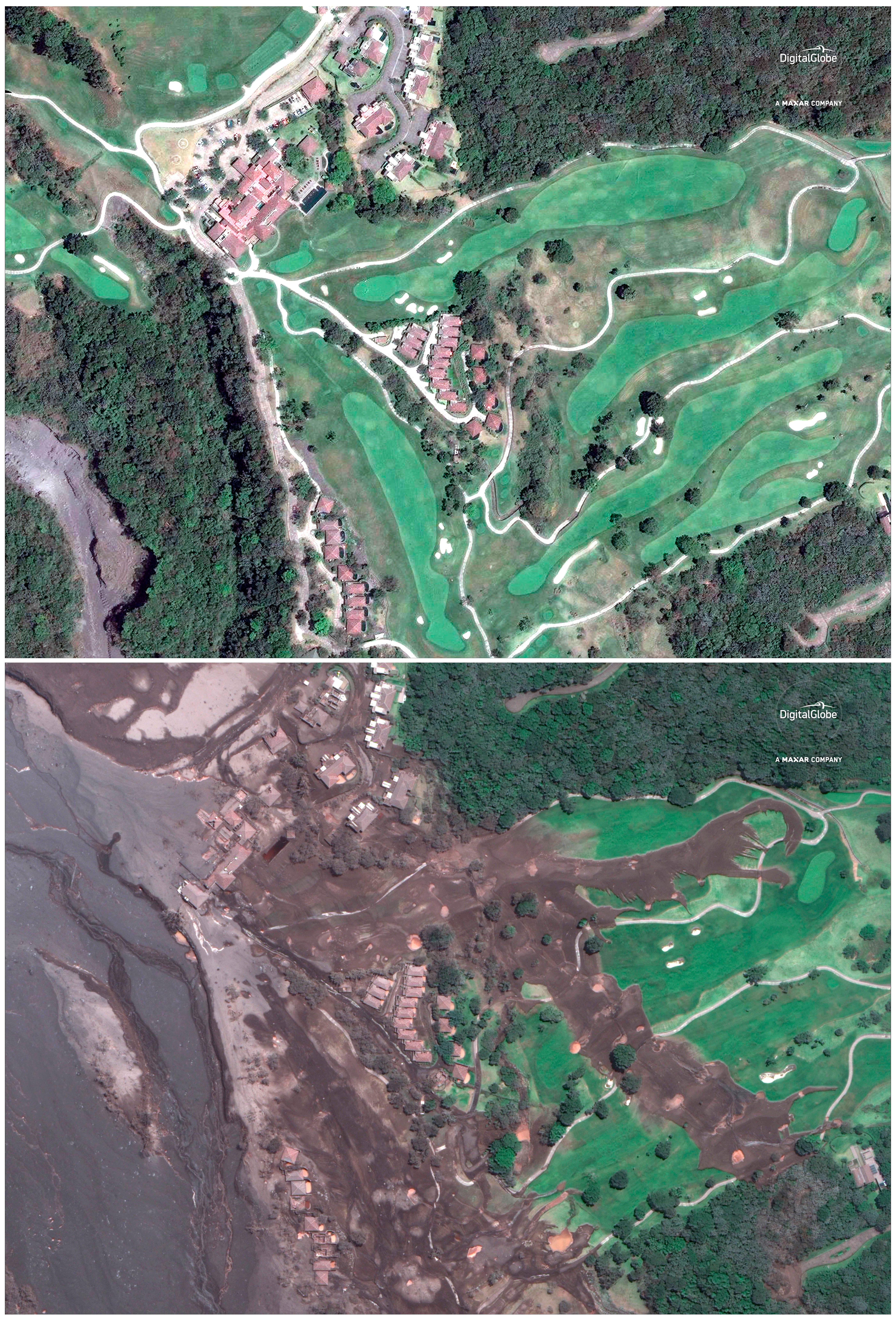 This combo of two satellite images provided by Digital Globe shows La Reunion Golf Resort pictured on April 7, 2017, top, and the same area encased in volcanic ash on June 6, 2018, three days after the eruption of the Volcan de Fuego, which means in English "Volcano of Fire," at the base of the volcano in Escuintla, Guatemala (2018 DigitalGlobe, a Maxar company via AP)