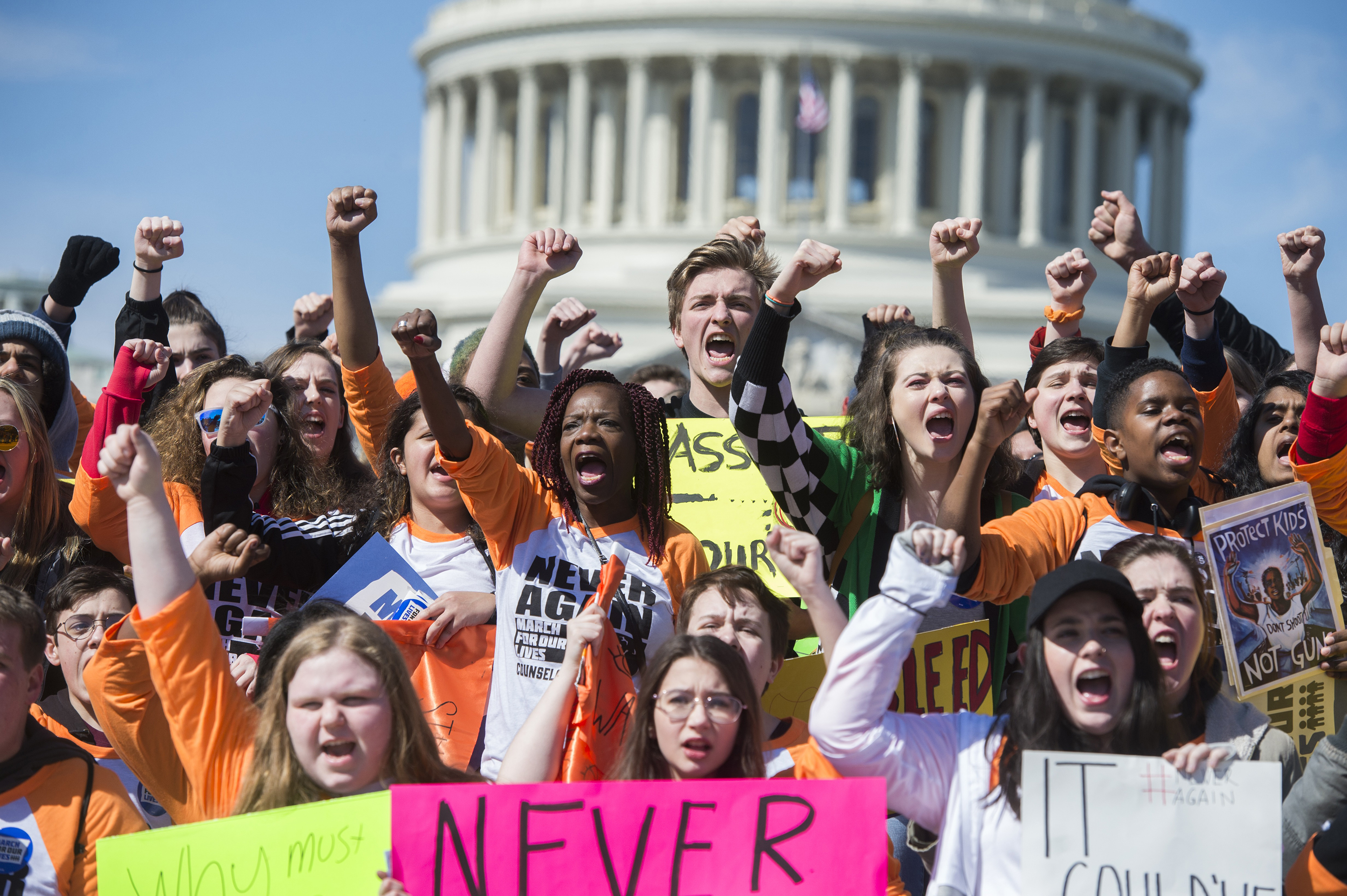 A group from Pittsburgh gathers on the East Front of the Capitol before joining the student-led March for Our Lives rally on Pennsylvania Avenue to call for action to prevent gun violence on March 24, 2018. (Tom Williams—CQ-Roll Call/Getty Images)