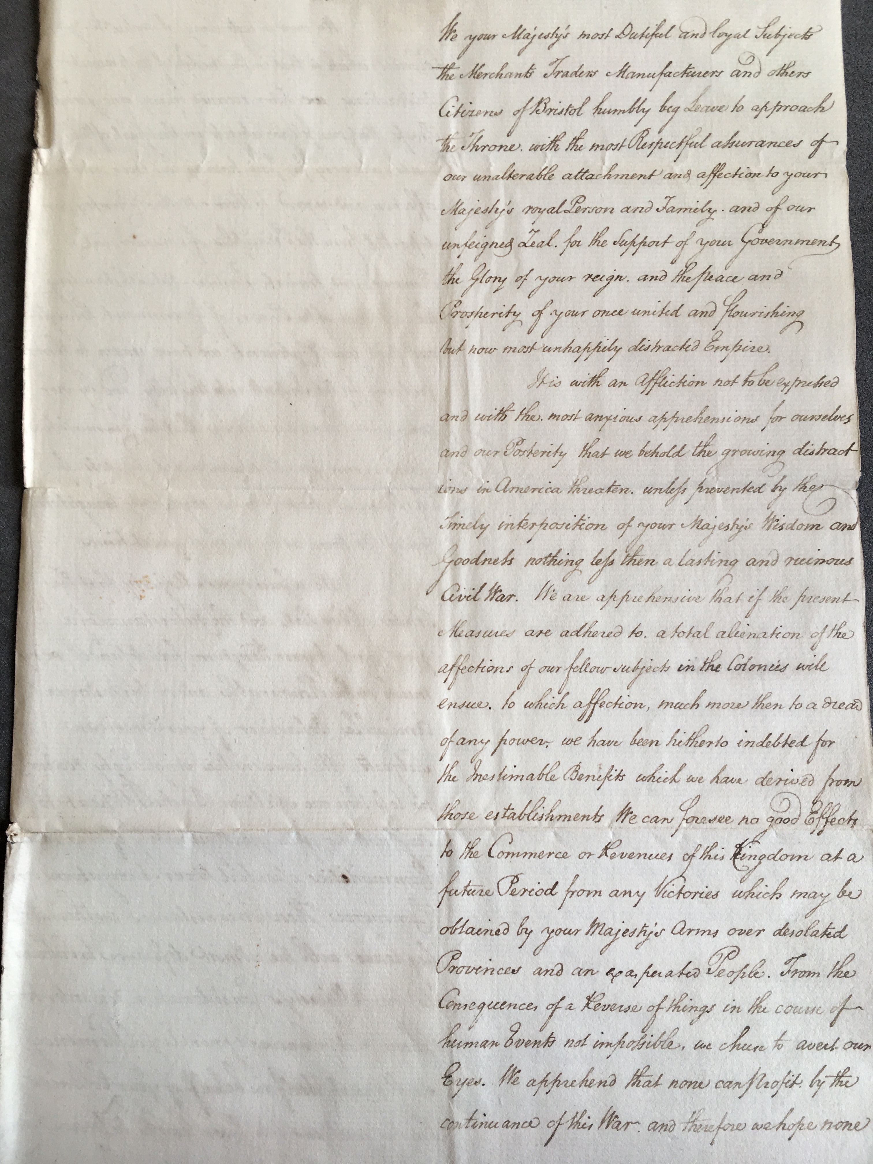 A petition from the Merchants, Traders, Manufacturers and other citizens of Bristol to George III; c.1775 (Nottingham University Archives)