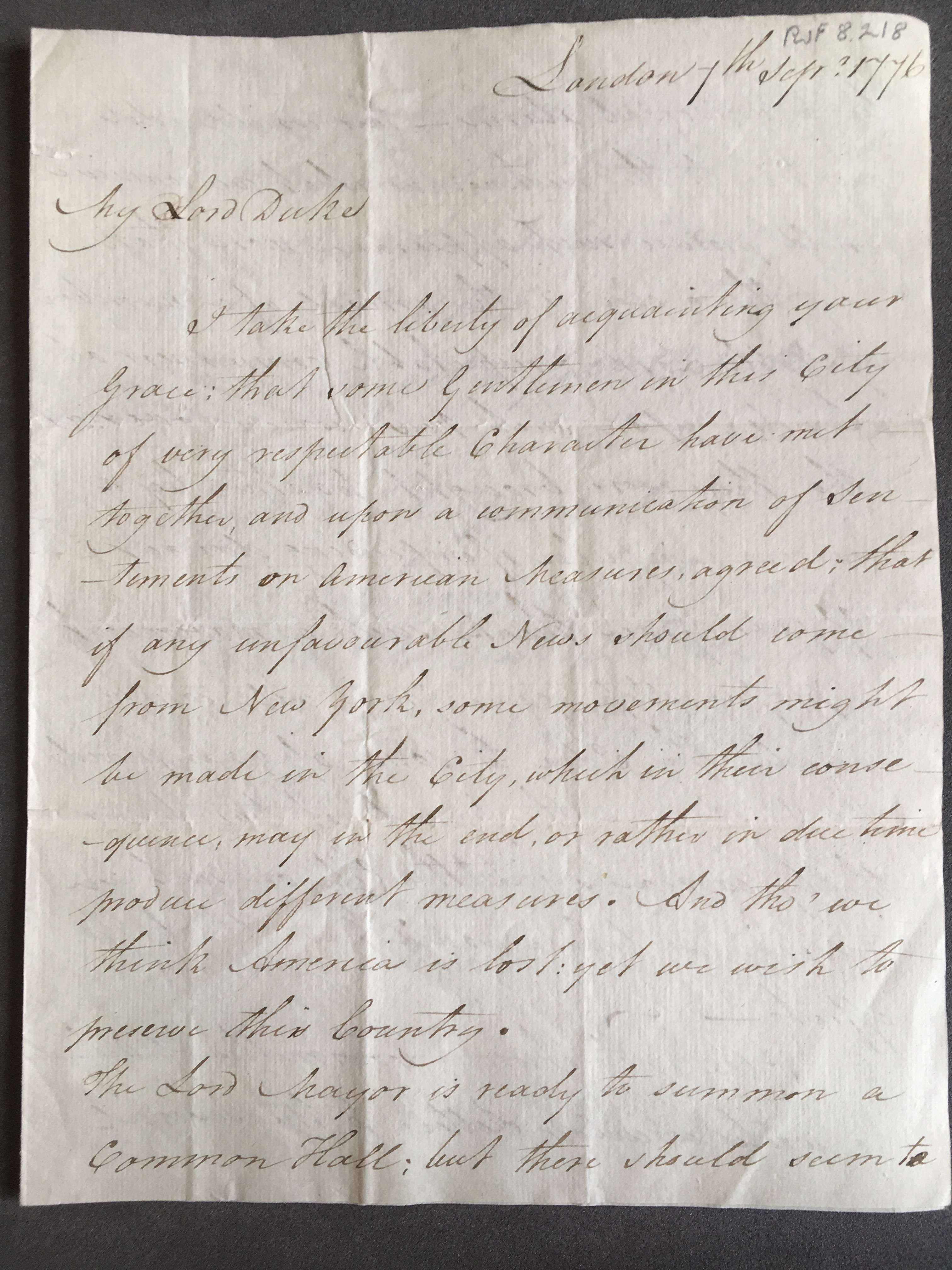Letter from Stephen Sayre, Harley Street, London, to the 3rd Duke of Portland; 7 Sep. 1776. (Nottingham University Archives)