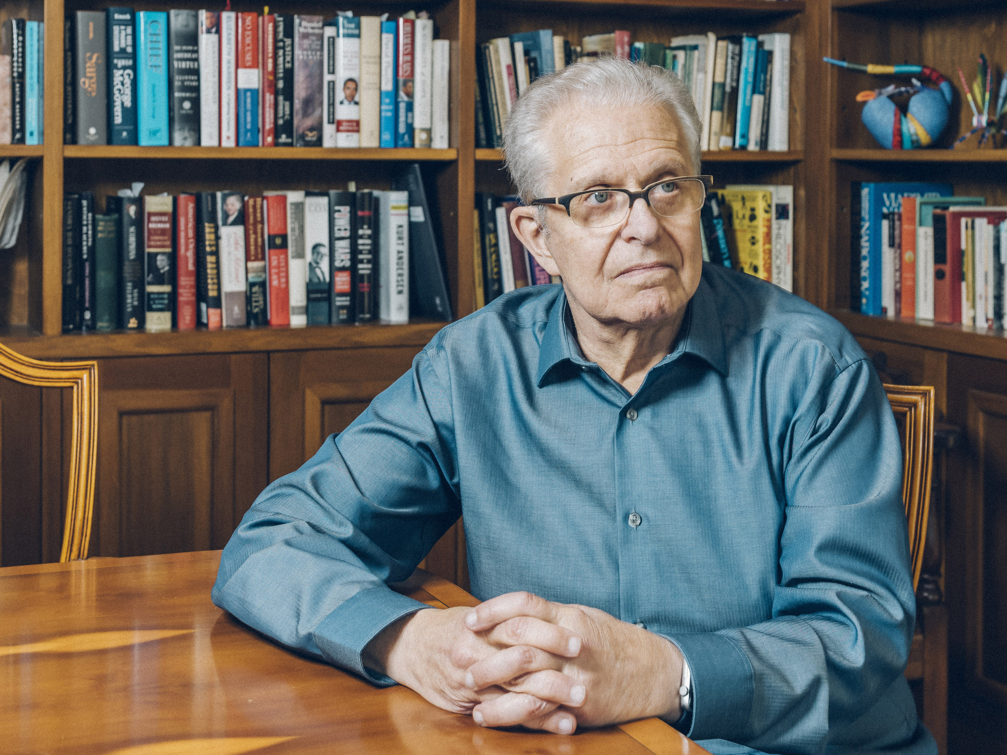 Professor Laurence Tribe at his home in Brookline, Massachusetts Friday November 3, 2017. Laurence Henry "Larry" Tribe is a professor of constitutional law at Harvard Law School and the Carl M. Loeb University Professor at Harvard University. He also works with the firm Massey &amp; Gail LLP on a variety of matters. (Jared Soares—Redux)