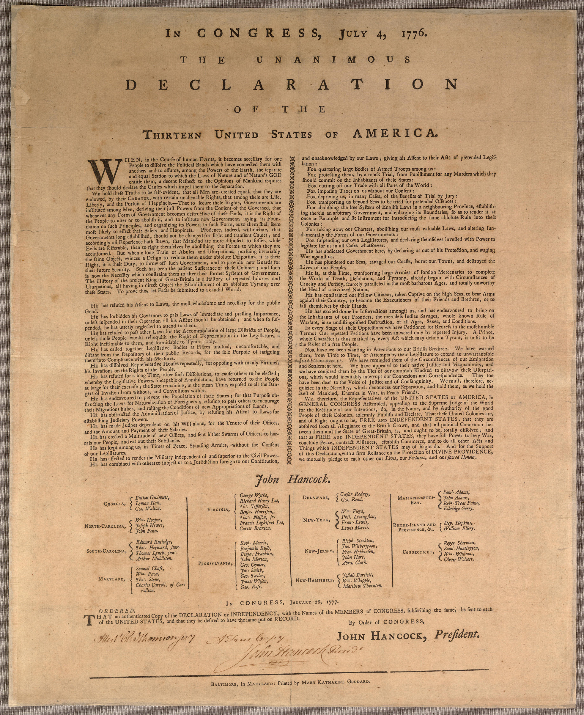 The copy of the Declaration of Independence, printed for preservation purposes in Jan. 1777 by Baltimore postmaster and newspaper publisher Mary Katherine Goddard. (Library of Congress, Rare Book and Special Collections Division, Continental Congress &amp; Constitutional Convention Broadsides Collection)