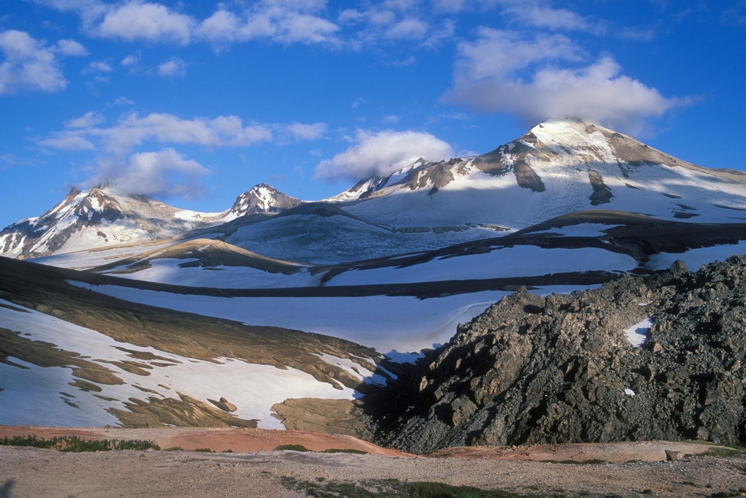 Scenic View Of The Novarupta Volcano Lava Dome With Mount Katmai And Trident Volcanoes In The Background In The Valley Of 10,000 Smokes, Katmai National Park, Alaska