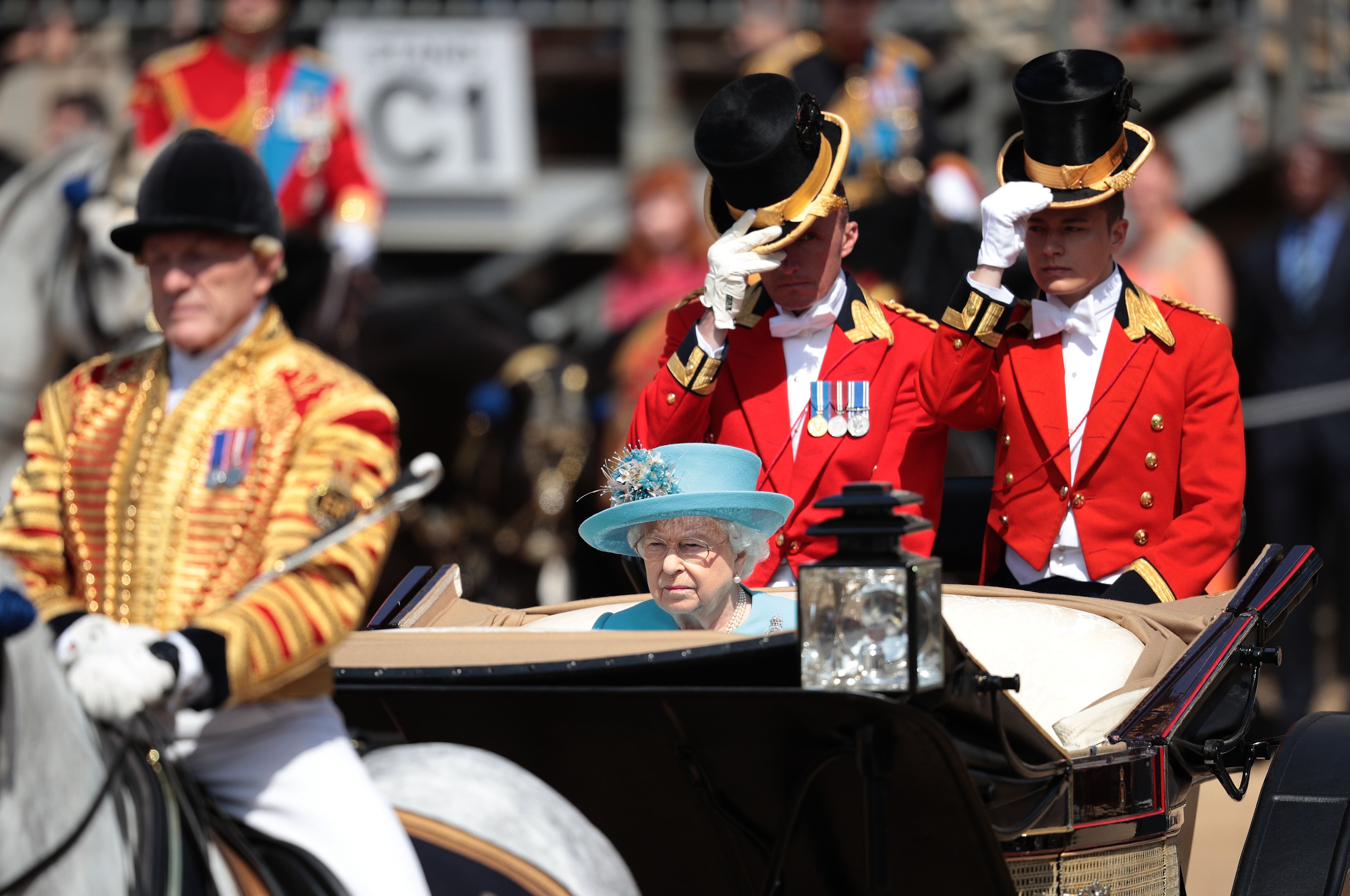 Queen Elizabeth II arrives at The Royal Horseguards during the Trooping The Colour ceremony on June 9, 2018 in London, England. The annual ceremony involving over 1,400 guardsmen and cavalry, is believed to have first been performed during the reign of King Charles II. The parade marks the official birthday of the Sovereign, even though the Queen's actual birthday is on April 21st (Dan Kitwood—Getty Images)