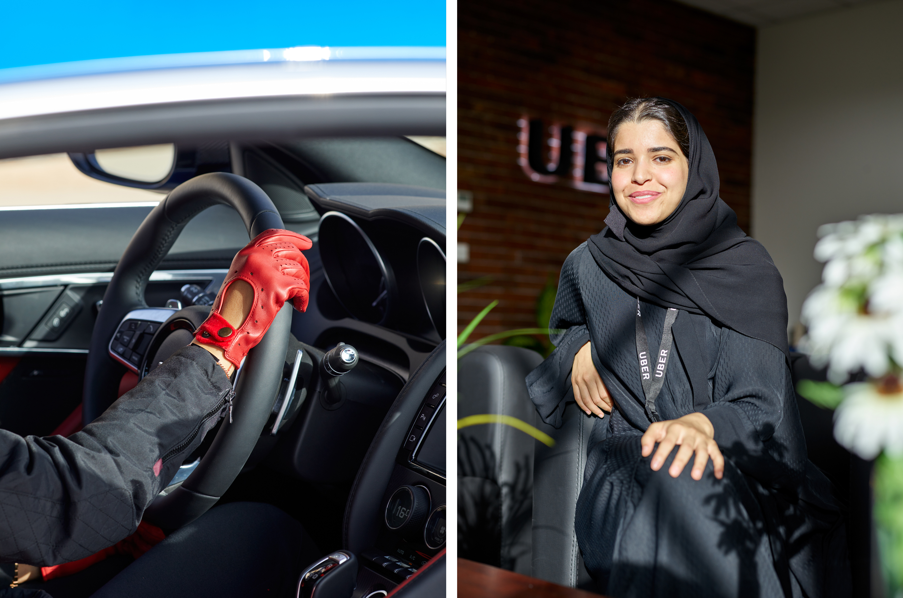 Behind the wheel with race-car driver Aseel al-Hamad; Ohoud al-Arifi, marketing manager for Uber Saudi Arabia. (Ayesha Malik for TIME)